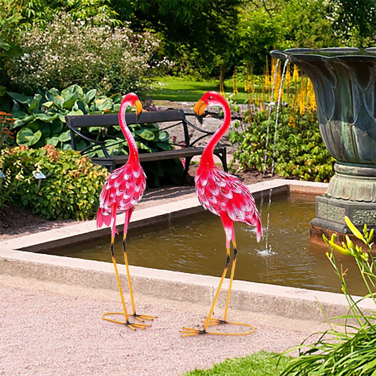 SOARS Set de 2 estatuas de jardín, decoración de flamenco de metal, esculturas para exteriores, para casa, terraza, patio trasero y césped (flamenco)