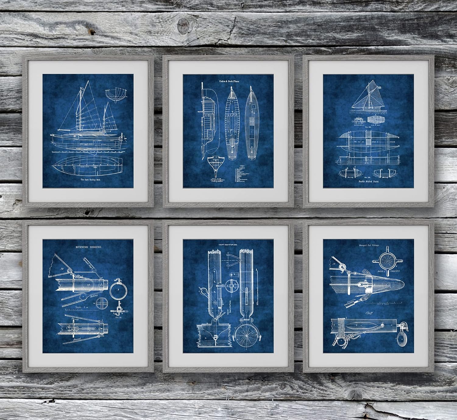 Gnosis Picture Archive Yacht Sailing Ship Blueprint Set of 6 Unframed Blue White Coastal Art