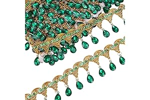 FINGERINSPIRE 9.8 Yards 1.9 Inch Wide Hanging Beads Fringe Lace Green Rhinestone Fringe Trim