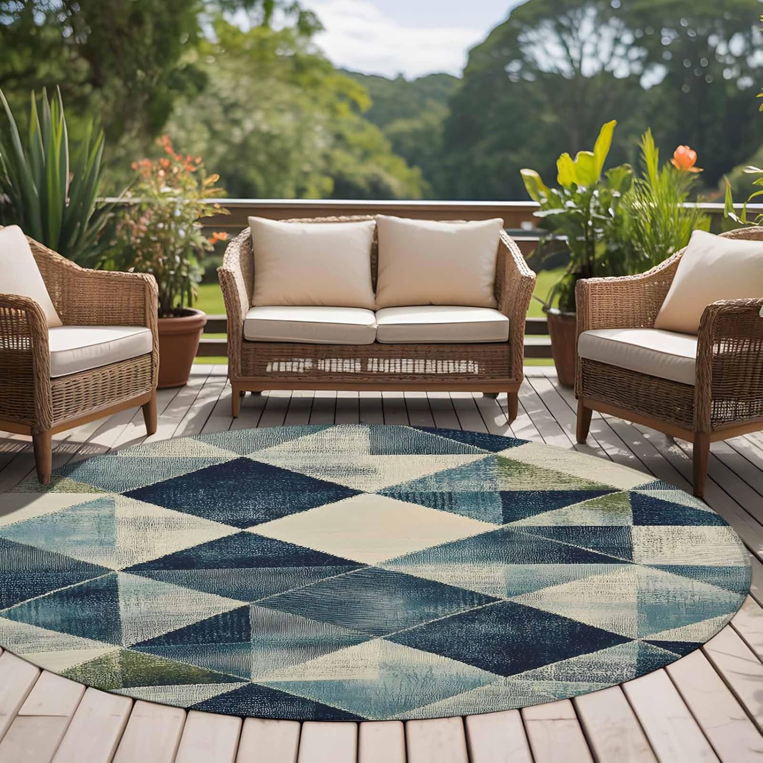 Round Rugs 5ft, Navy Blue Geometric Washable Rug for Living Room Low Pile Indoor Floor Carpet, Abstract Modern Green Artwork Non-Skid Bathroom Rug Kitchen Runner Rugs for Bedroom