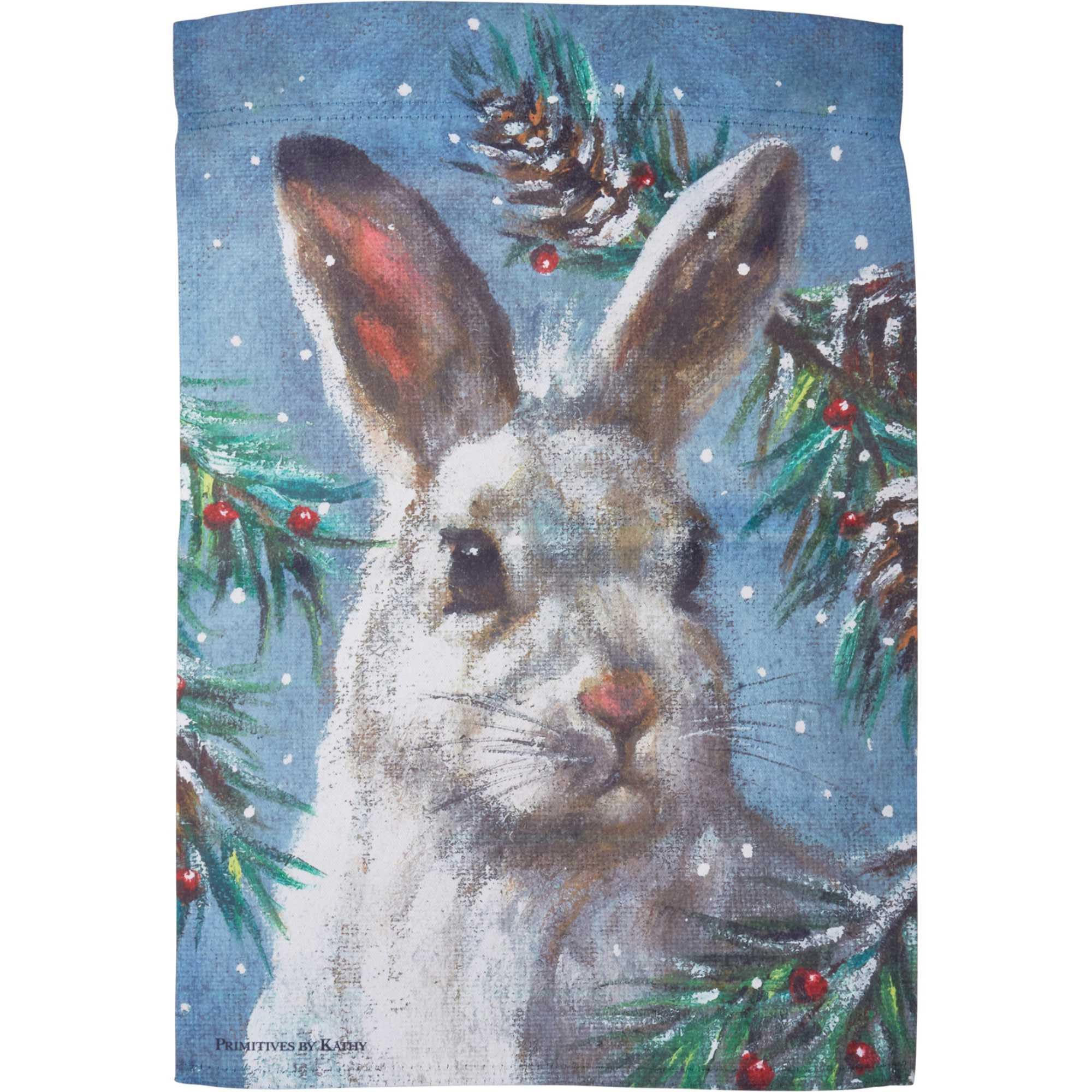 Primitives by Kathy Decorative Garden Flag - Bunny Rabbit in Snowy Pine Forest 12 Inch x 18 Inch
