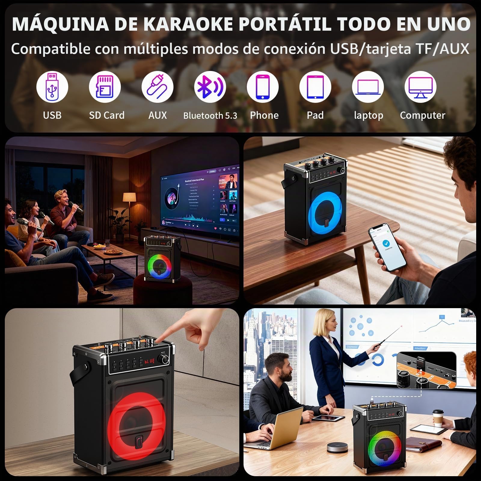 JYX Máquina de karaoke con dos micrófonos inalámbricos, ajuste de bajos/agudos y luz LED, soporte TWS, entrada AUX, radio FM, REC, suministro para fiesta/reunión/boda - negro