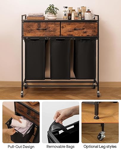 Miniatura 5 de Cesta de lavandería con 2 cajones grandes, cesta de lavandería con compartimento, 3 secciones extraíbles, bolsas de lavandería hechas de tela