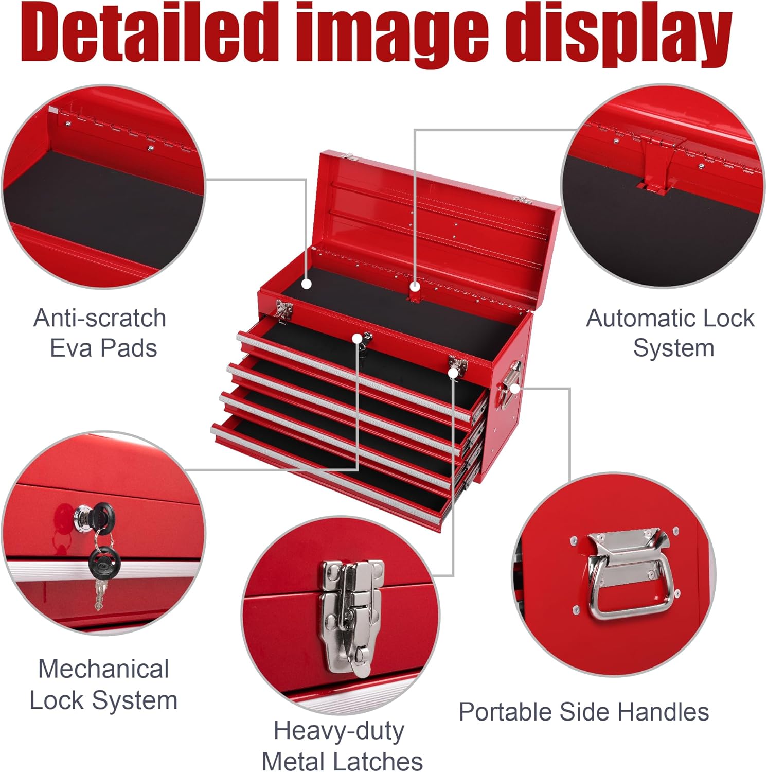 21-inch Portable Metal Tool Box with 4 Drawers, Steel Toolbox with Locking Lid, EVA-Lined Ball-Bearing Slides & Powder-Coated Finish, Top Tool Chest for Mechanic & Craftsman Use, Red