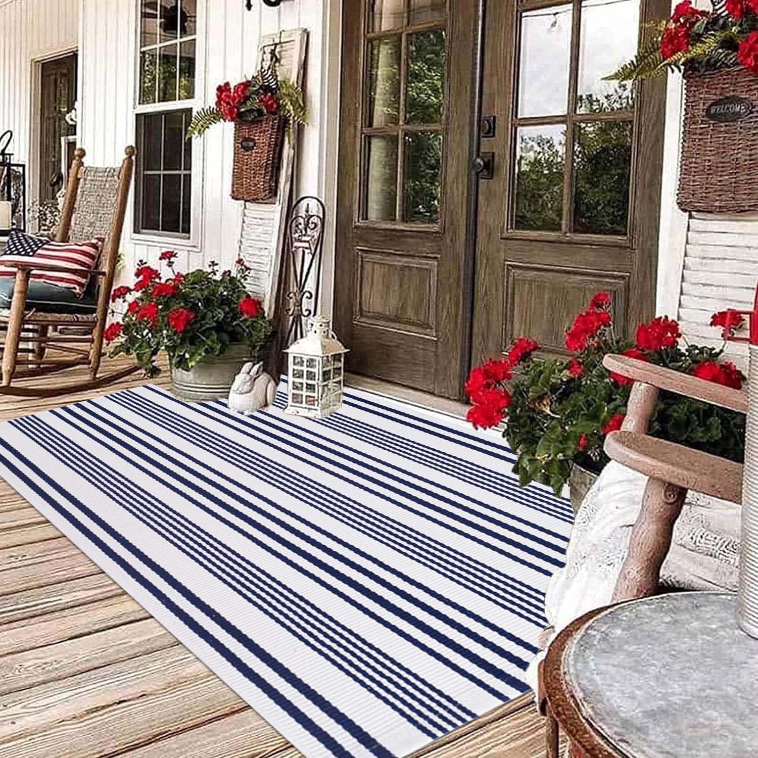 Tapis d'intérieur/extérieur rayé en Coton tissé à la Main Generic Bleu et