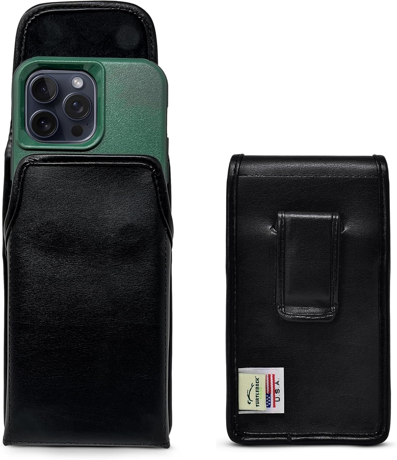 Turtleback Belt Holder for iPhone 16 Pro Max, 15 Pro Max, 14 Pro Max -Medium- Fits w/Shockproof Commuter Style Cases, Premium Black Leather Vertical Holster, Magnetic Close Leather Wrapped Clip