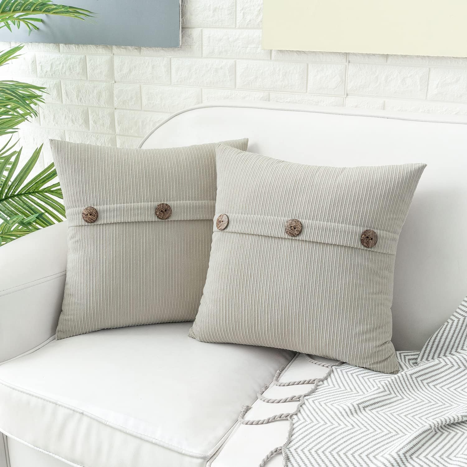 HWY 50 Light Grey Chenille Throw Pillow Covers 16x16 Inch Buttons Pack of 2 image 4