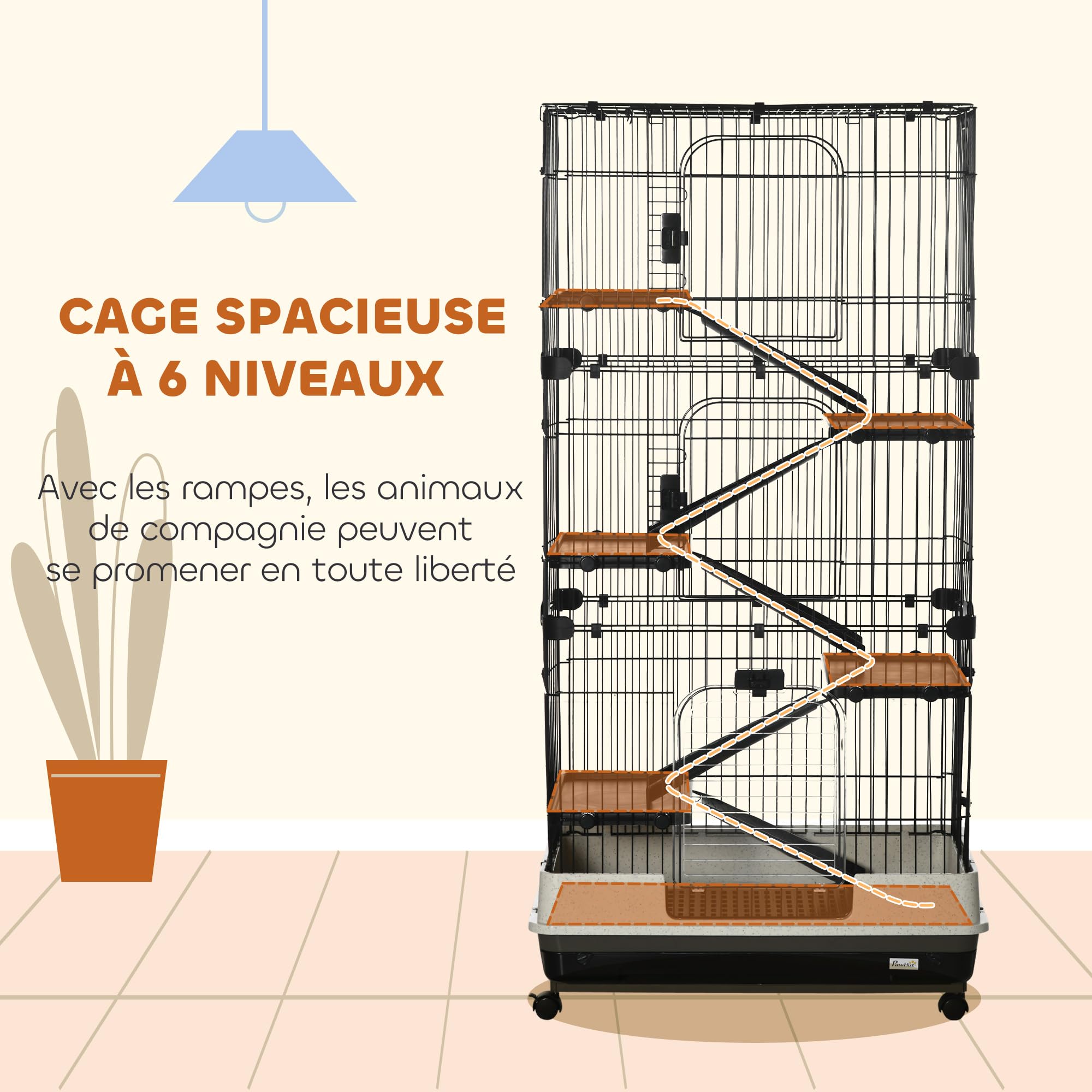 PawHut Grande Cage Enclos Lapin à 5 Niveaux 3 Portes 81 x 52,5 x 159 cm