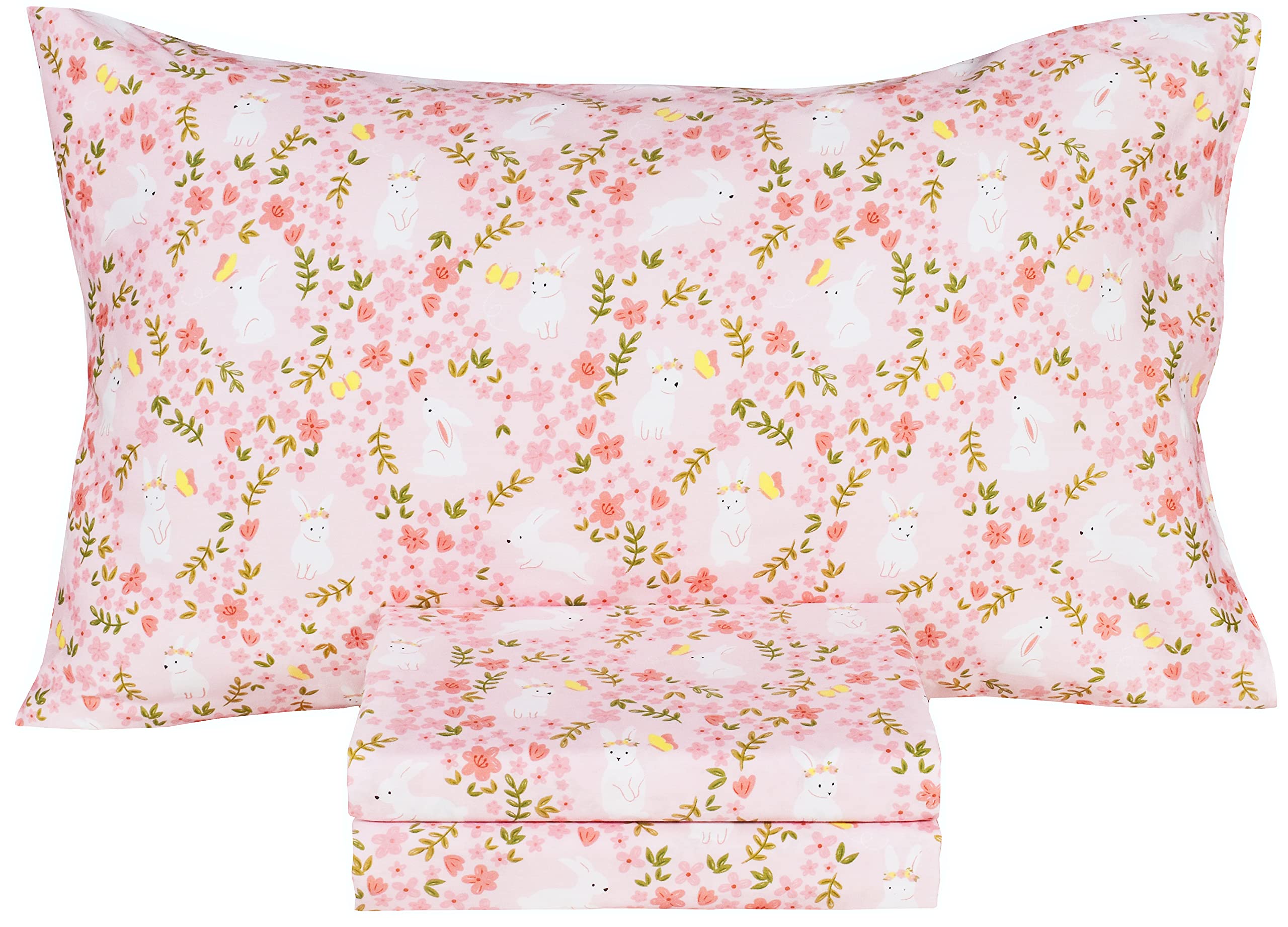 Scientific Sleep Pink Flower Rabbit Bunny 100% Cotton 3 Pcs Twin Bed Sheet Set Kids Toddler Teen, Flat Sheet &amp; Fitted Sheet &amp; Pillowcase Kids Bedding Set (Rabbit Flower, Twin)