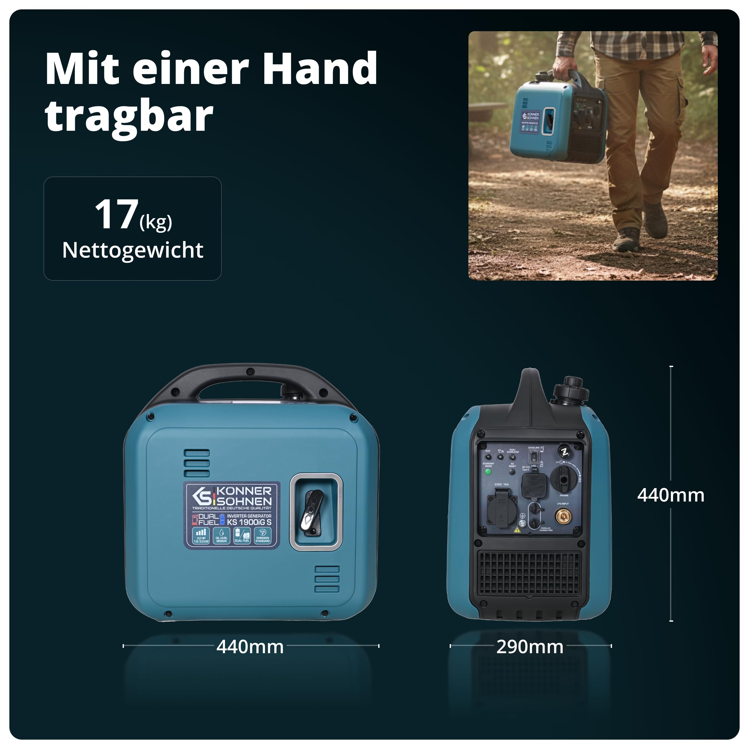 Könner & Söhnen Inverter Stromerzeuger KS 1900iG S, 2000W Dual Fuel Generator (LPG/Benzin), Notstromaggregat Leise, 17kg Ultraleicht, Reine Sinuswelle, Eco-Mode, USB, Euro-5