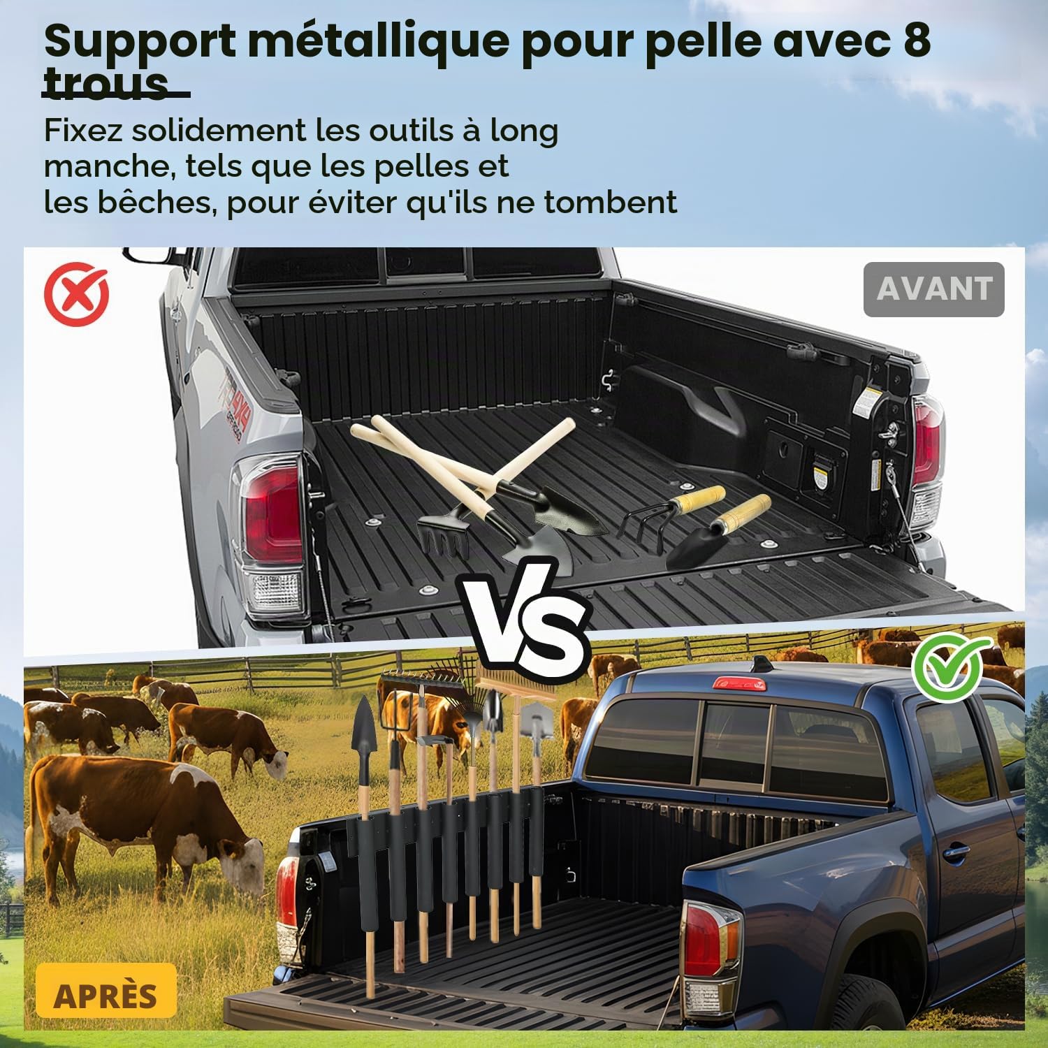 Support de pelle à 8 trous pour camion, support de pelle en métal avec 8 trous en 2 groupes, porte-outils de remorque robuste pour tondeuse, râteau, pelouse, outils à main paysagers