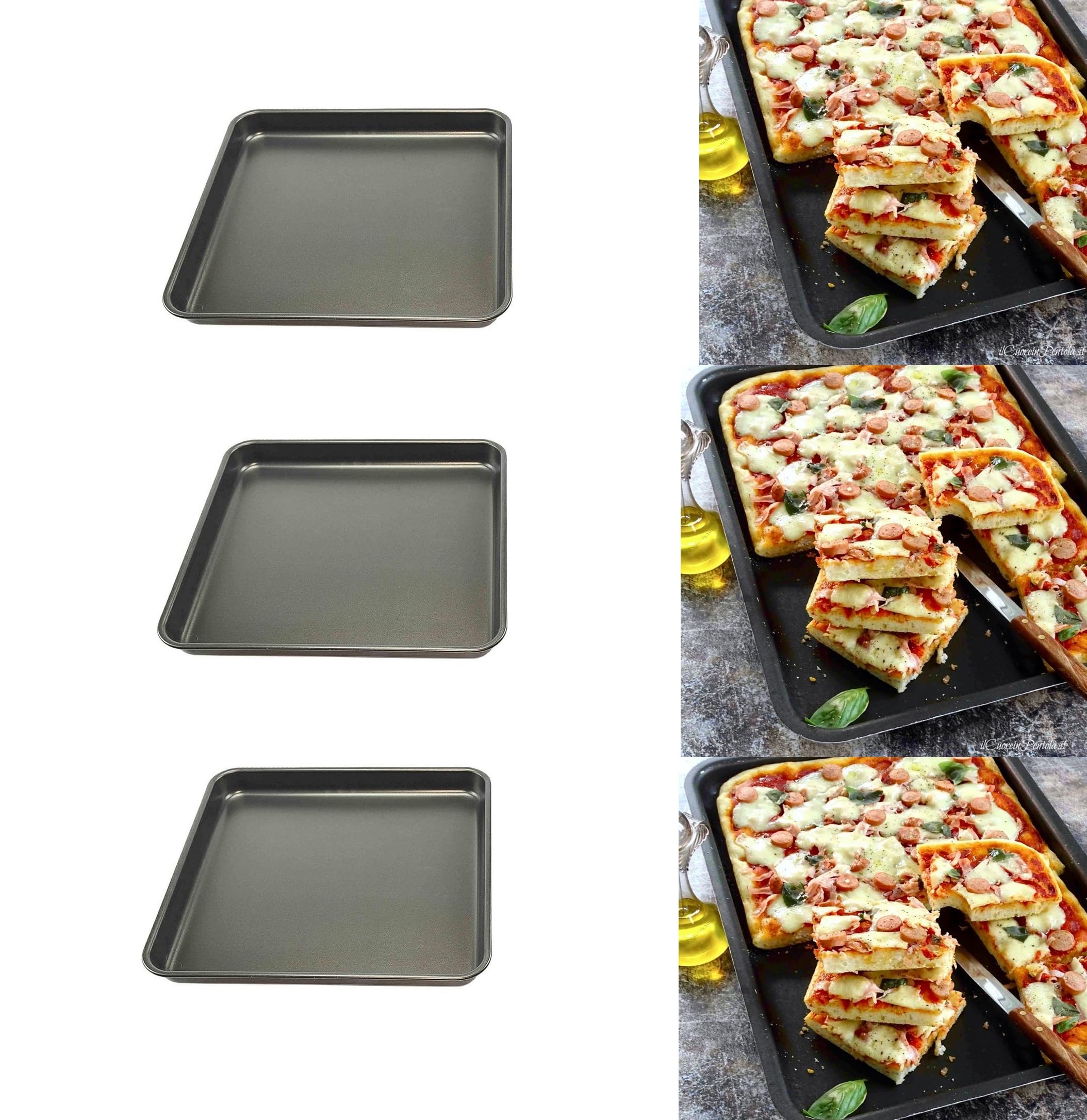 3 Tris teglia da forno pizza quadra quadrata cm 30x30h3