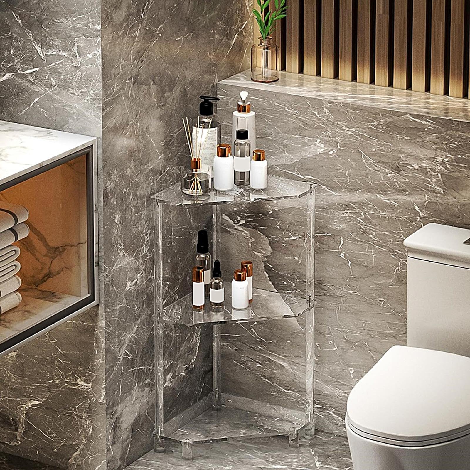 Generisch Acrylic Table, Shower Shelf, 3-Tier Triangle Design Optimizes | Vertical Organization, Resilient Fabrication Ensures Effortless Cleaning, Bath Organizer for Chic Interior Settings