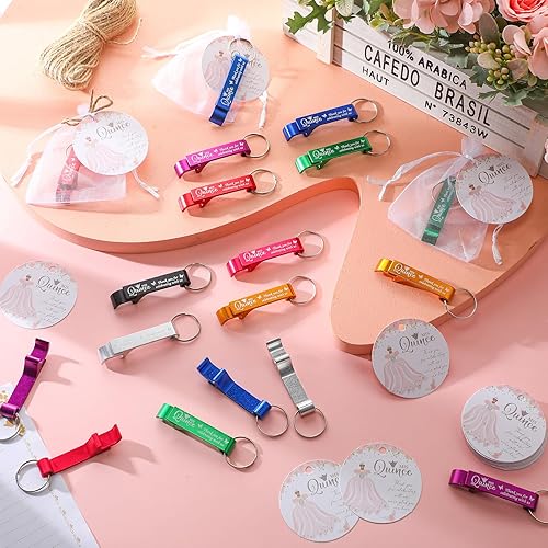 Miniatura 5 de Juego de 96 recuerdos de fiesta de cumpleaños de quinceañera de 15 años, incluye llavero, abrebotellas, etiquetas de agradecimiento, bolsas de