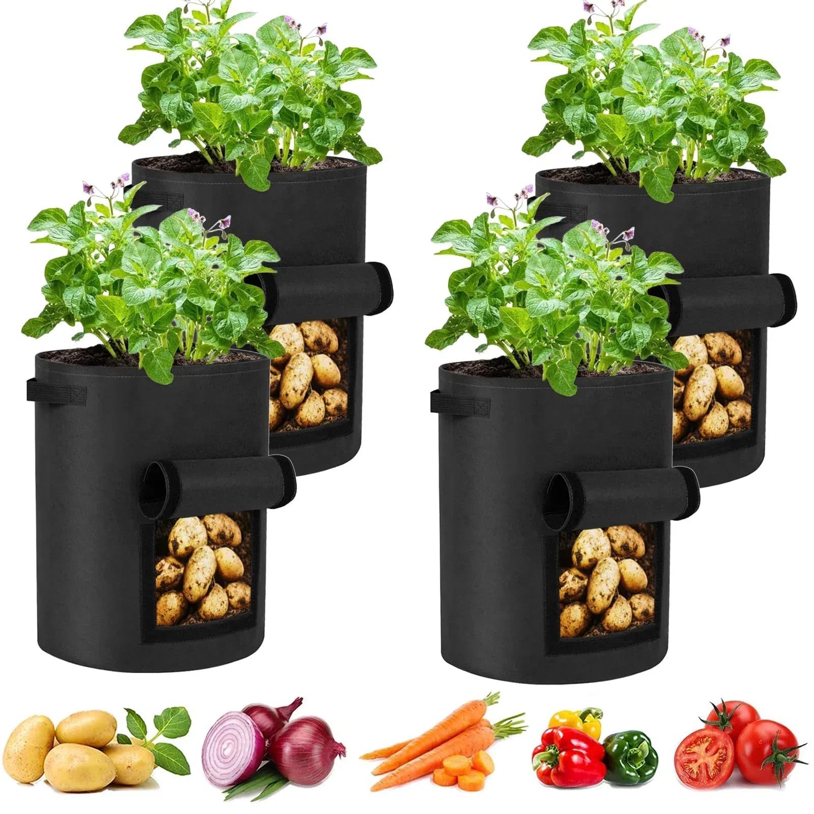 SunStream Potato Grow Bags with windows (7Gal-4Pack) 27L Breathable Fabric Plant Vegetable Growing Bag Planting Tomatoes, potato, Vegetables, Strawberry with Window Flap and Handles