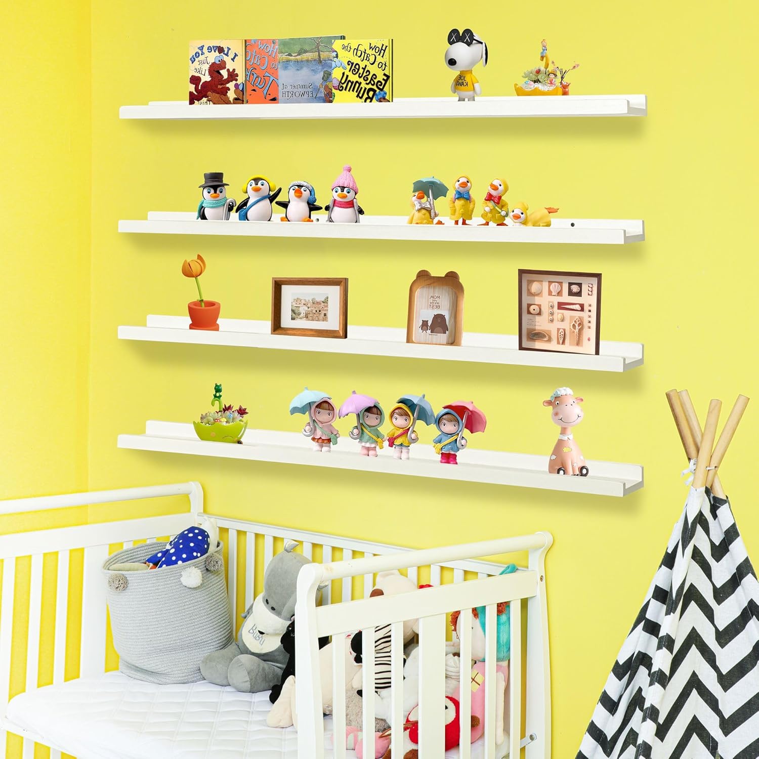 phoenancee long floating shelves for wall 57 inch,real wood picture ledge with lip set of 4,photo frame storage display for living room nursery bedroom bathroom kitchen home office decor (white) 57''(4 pack) rustic white