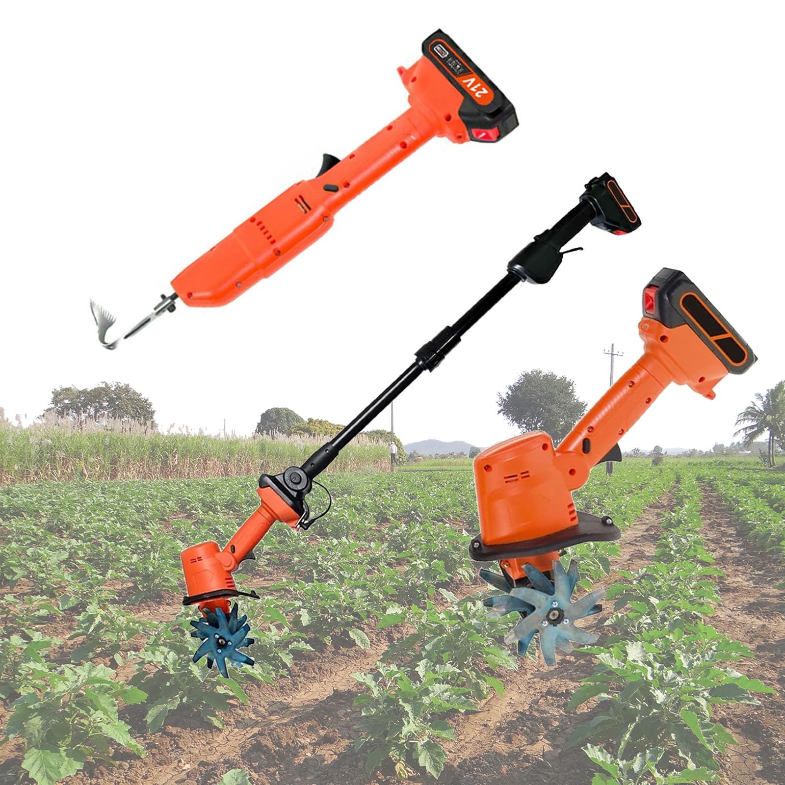 Hand-Held Micro Tiller Weeding Machine and Digging Hoe with 1.3M Telescopic Pole & 2 Battery, 10cm Working Depth&Width, Soil Tiller Rotavator for Farm