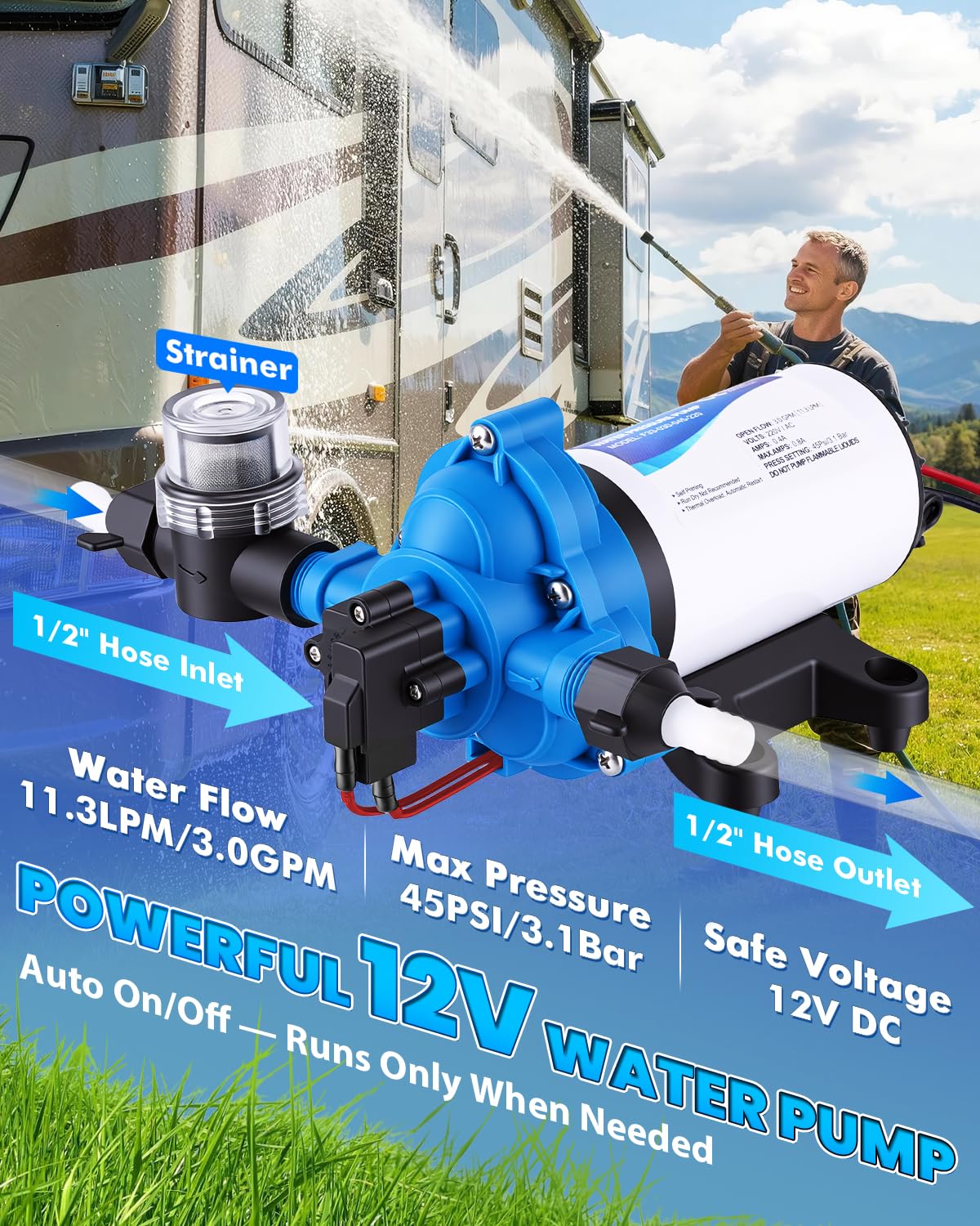 YUCHENGTECH Bomba de Agua a Presión Autocebante Bomba de Diafragma 12V 96W | 3.0 GPM 45 PSI Bomba de Aumento de Presión para Duchas, Jardines y Grifos de Agua en Autocaravanas