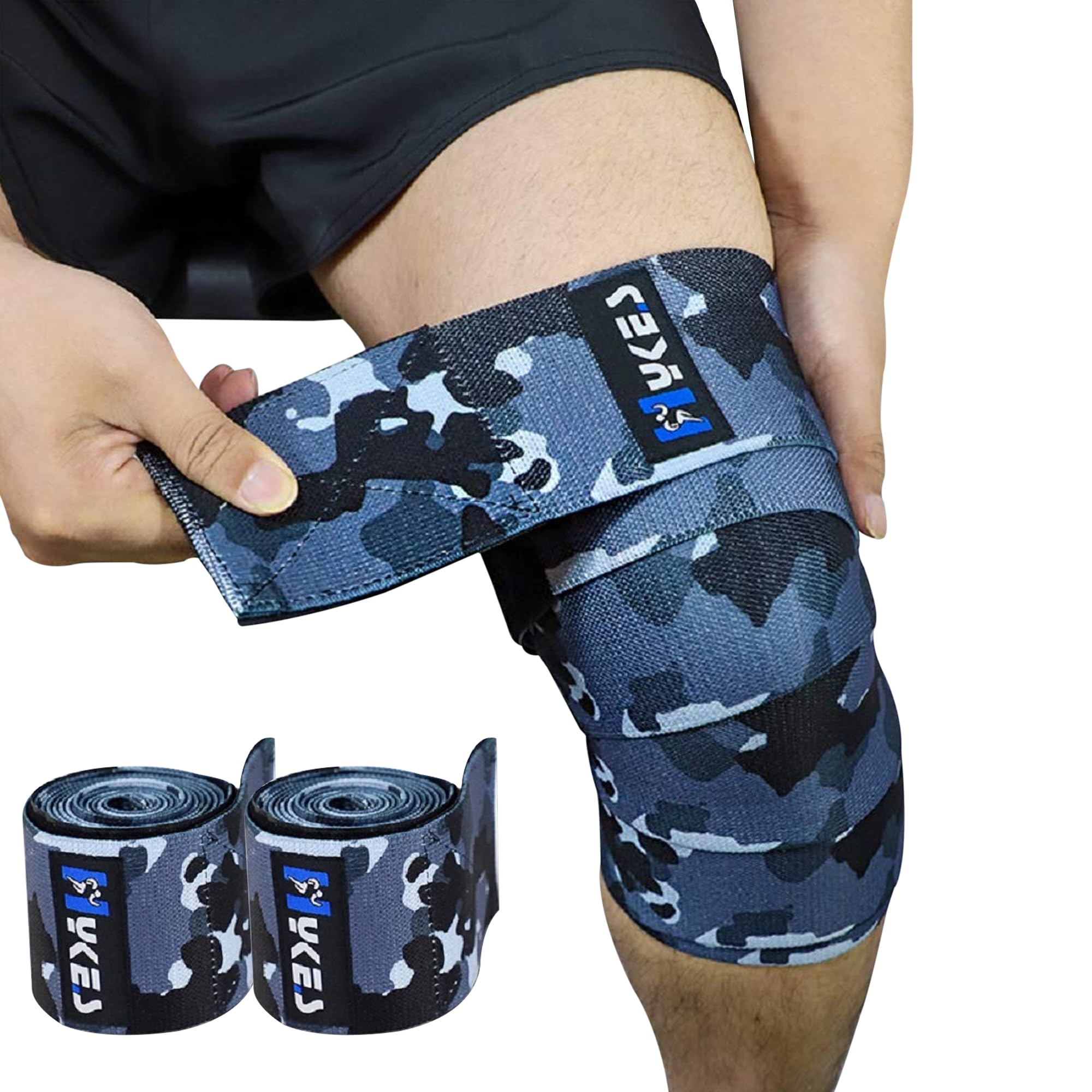 Hykes Orthopedic Weight Lifting Knee Wraps Heavy Duty Elastic Compression Support - 1 Pair (Camouflage Blue, Nylon & Spandex)