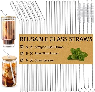 16 Pack Reusable Glass Straws with Brushes, Clear Glass Drinking Straws, 8.5''x10MM, Set of 6 Straight + 6 Bent with + 4 Cleaning Brushes
