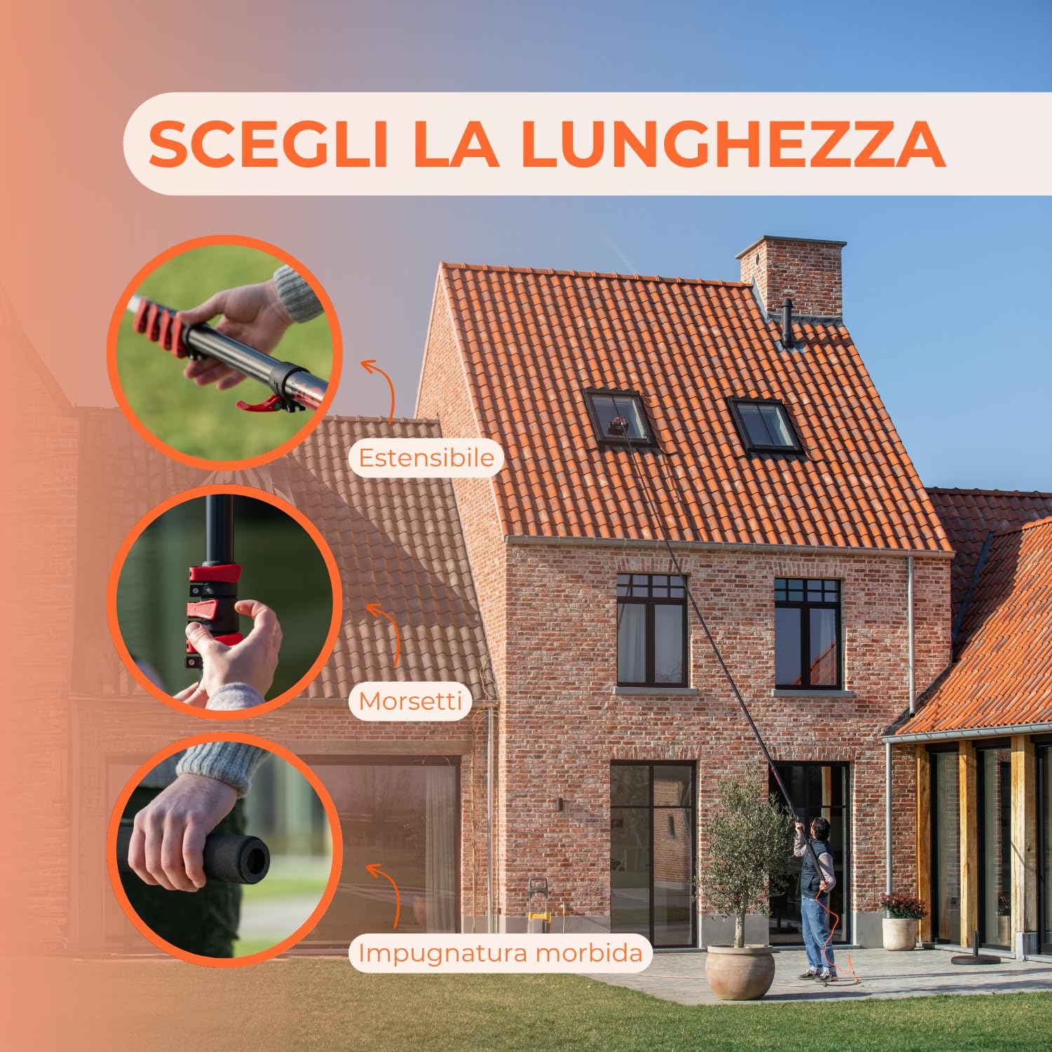 aquascopic Asta telescopica 2 in 1 con spazzola a 5 superfici e lavavetri, lavavetri, regolabile in lunghezza, 7,2 m, pulitore per finestre per pannelli solari, tubo interno dell'acqua