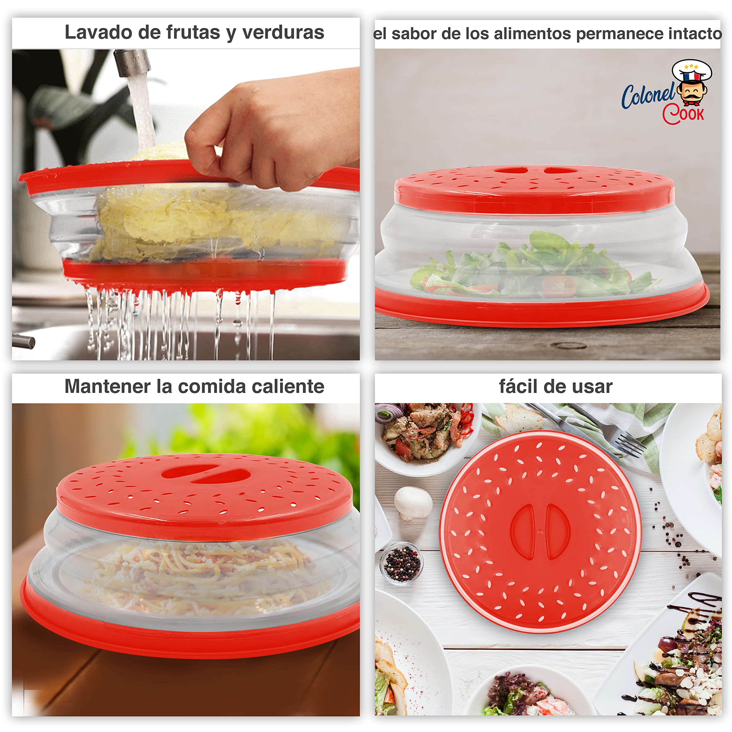 Tapa de Microondas Plegable |26CM|✮GARANTÍA POR VIDA✮- Tapa de Silicona Retráctil y Escurridor de Vapor para Platos y Cuencos - Colador de Alimentos para Lavar Verduras y Frutas - Rojo