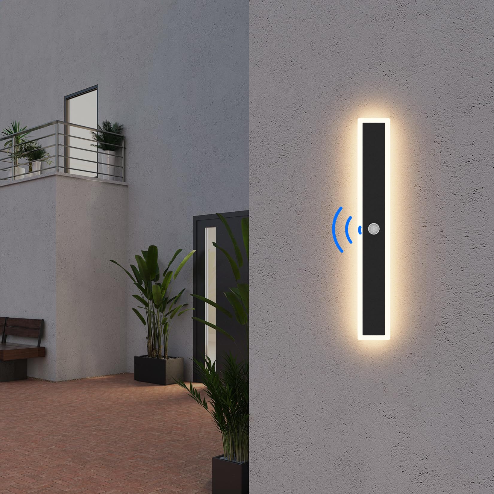 Klighten Led Lunga Applique da Esterno/Interno, Lampada da Parete con Sensore di Movimento 60CM/20W, IP65 Luce da Parete Acciaio inossidabile+Acrilico, per Villa/Terrazzo, Bianco Caldo 3000K, Nero