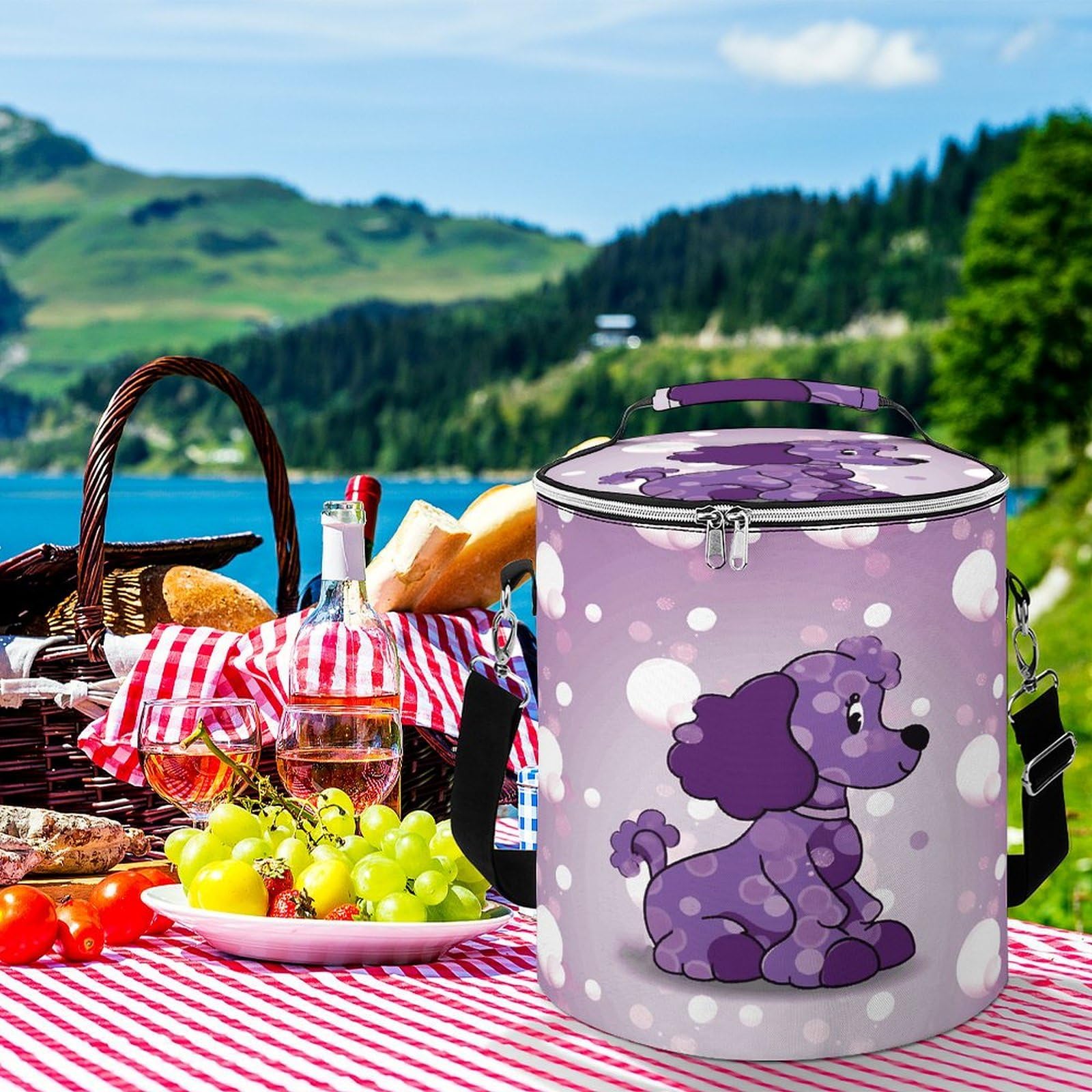 Borsa termica morbida a pois viola con barboncini e tasche multiple, borsa termica a prova di perdite, pieghevole, per spiaggia, viaggi, lavoro
