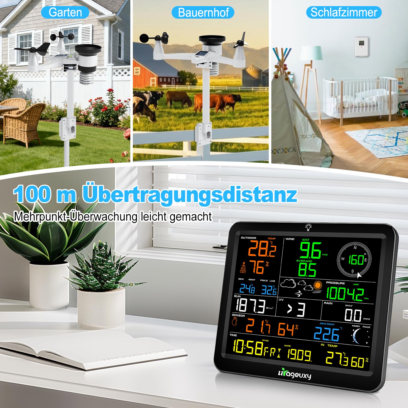 Urageuxy WLAN Wetterstation mit Außensensor, 8,8" Farbdisplay, 7-in-1 Sensor für Wind, Regen, UV, Temperatur, Luftfeuchtigkeit, Luftdruck, Wettervorhersage, bis zu 8 Thermo-Hygrosensoren