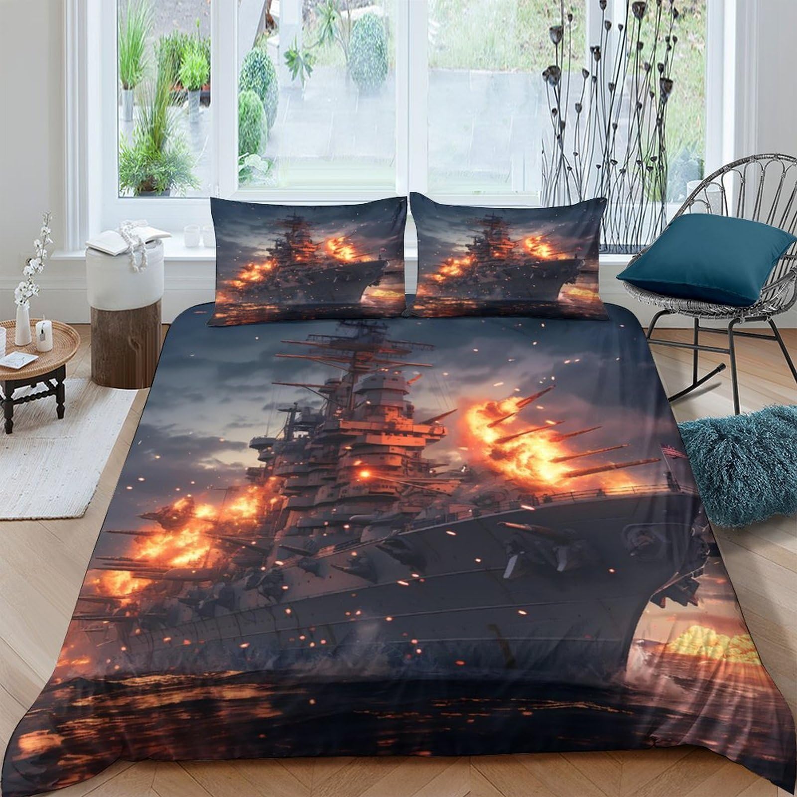 Ctjqhvkz Style-2 3D Printed Burning Warship Fitted Sheet Microfiber Soft Black Orange Flames Mattress Cover Bedroom Decor Single（135X200cm）