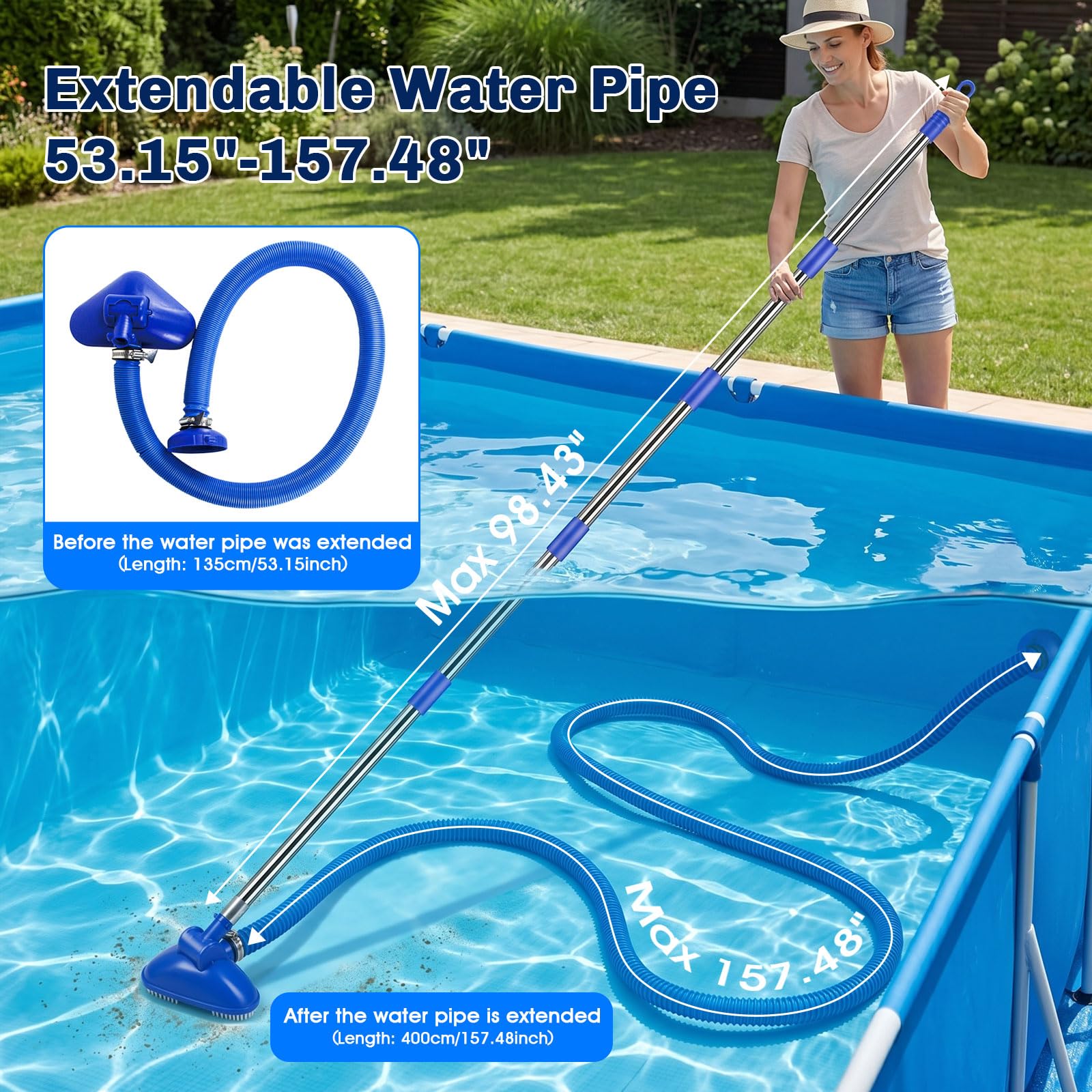 Kit aspirateur de piscine portatif sans fil – alimenté par l'eau, pas besoin de batterie, avec perche télescopique de 2,5 m, nettoyeur portable pour spa, jacuzzi, petite piscine hors sol et réservoir