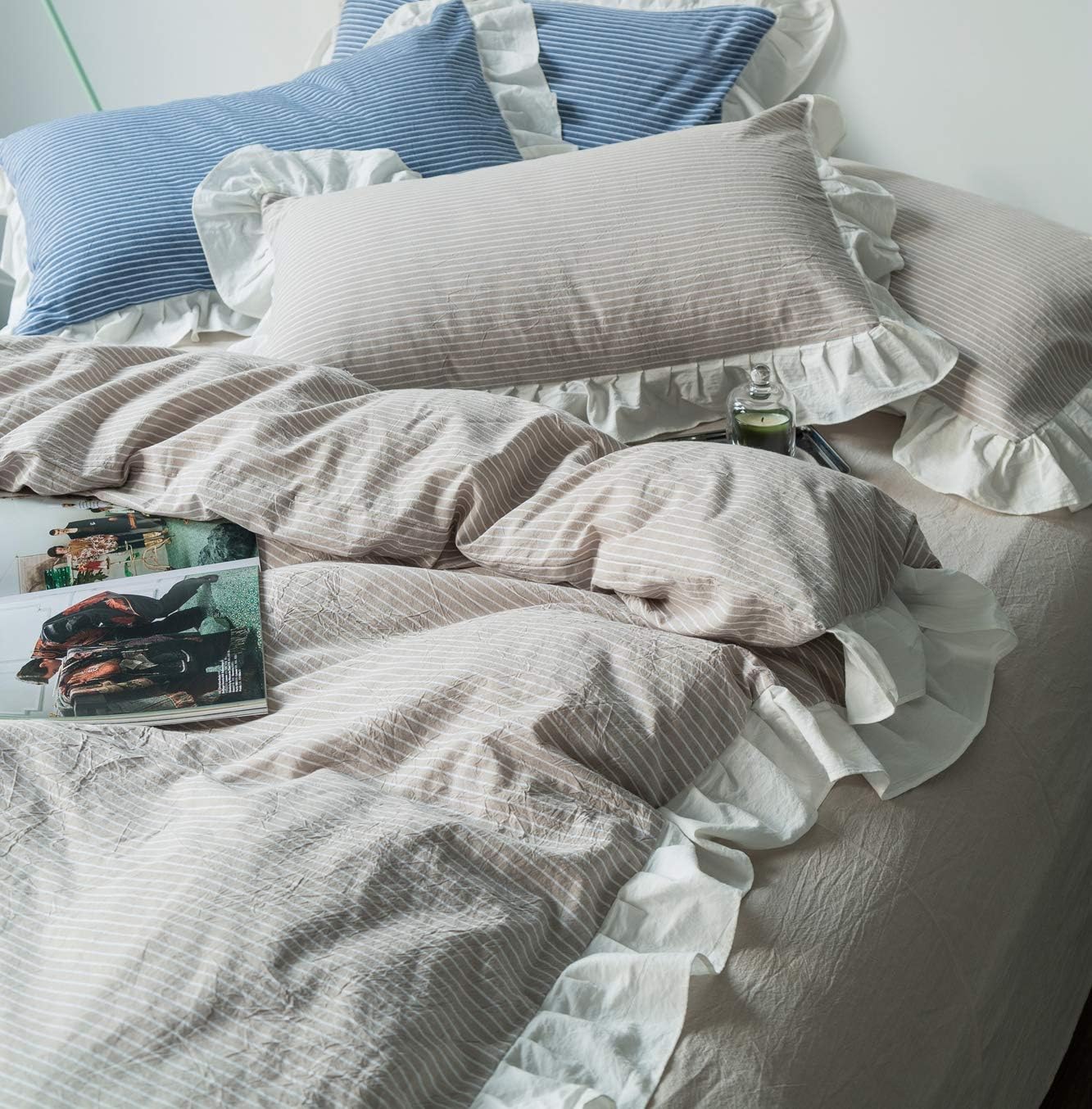 SUSYBAO Beige Farmhouse Duvet Cover Queen 100% Washed Cotton Soft Ruffle Duvet Cover Set 3 Pieces 1 Vintage Striped Duvet Cover with Zipper Ties 2 Pillowcases Luxury Rural Princess Bedding Set Durable - Image 5