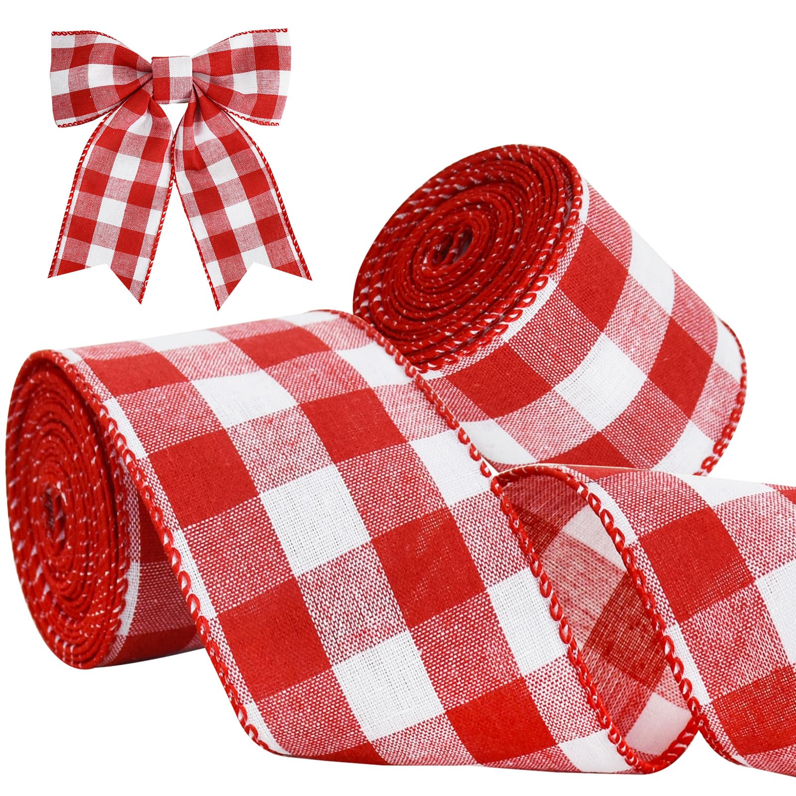 Buffalo Check Christmas Ribbon - Wired Red/White Plaid 2.5" X 50 Yards