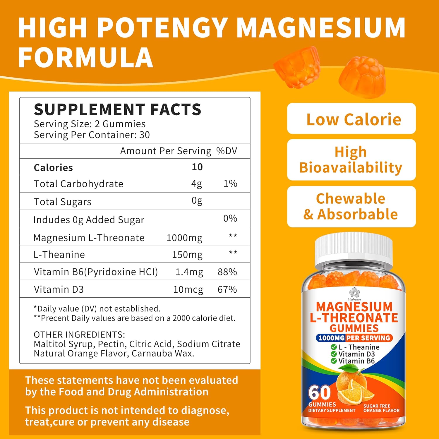 (2 Pack) Magnesium L-threonate Gummies 1000mg for Kids & Adults, High Absorption Magnesium Threonate with L - Theanine Vitamin D3 & B6 for Muscle, Nervous System, Sugar-Free, Orange Flavor - Image 2