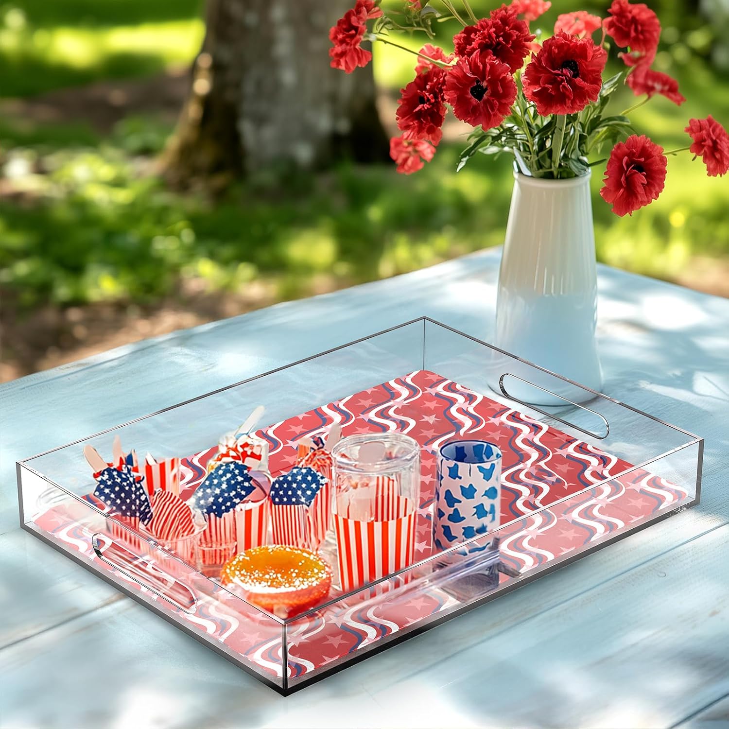 3PCS Acrylic Serving Tray Set with Interchangeable Inserts – Clear Decorative Tray with Handles for Food, Snacks, 4th of July Display, Patriotic Home & Bar Decor