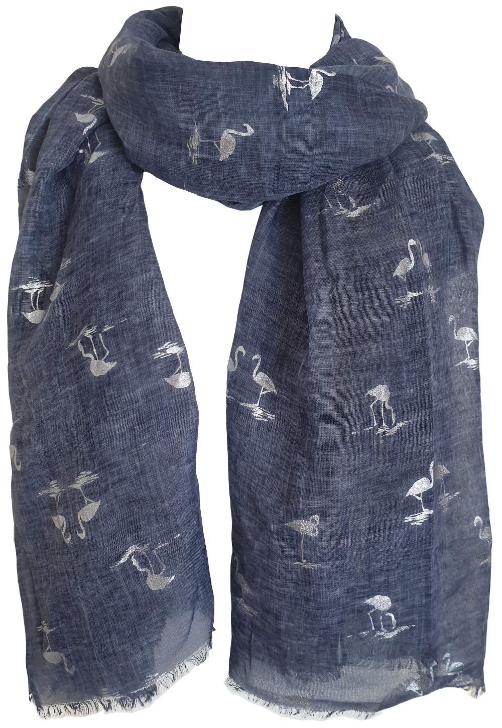 Glamlondon Women's Blue Navy Flamingo Print Scarf Silver Foil Birds Wrap (Blue Navy)