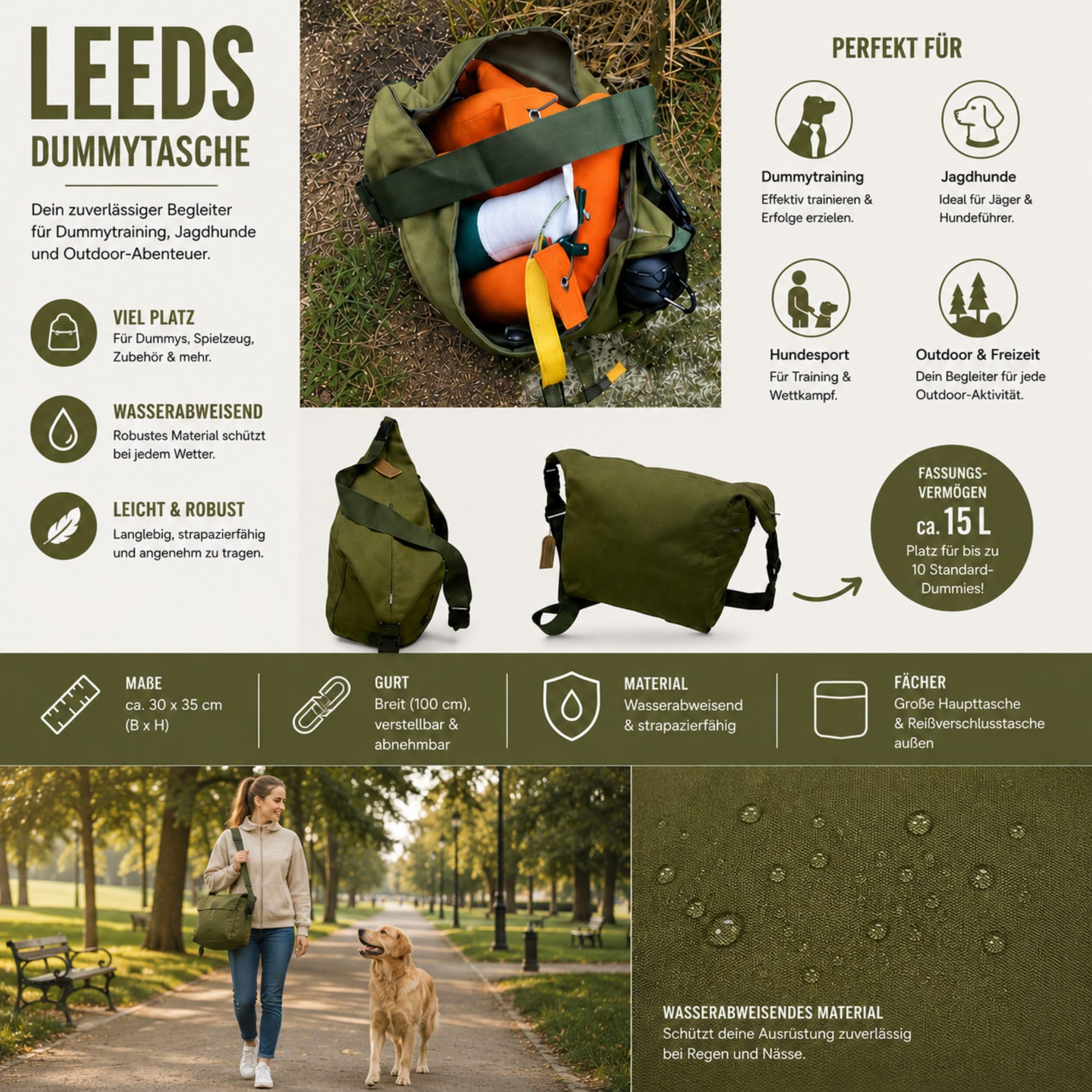ROMNEYS Dummytasche Leeds – Große Trainingstasche für Dummytraining & Jagdhundetraining – Wasserabweisend, pflegeleicht & mit breitem Schultergurt – Olivgrün