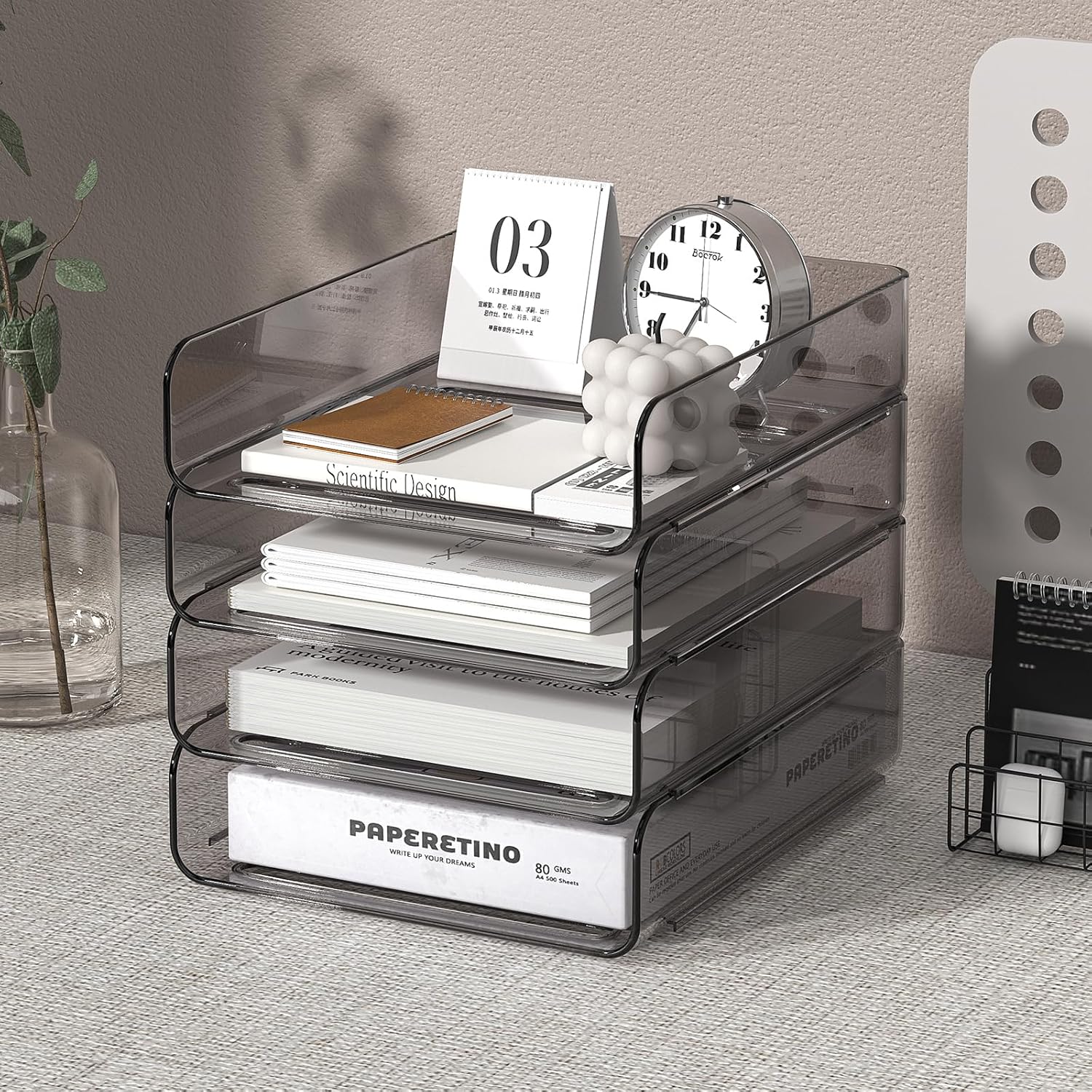 FANXIYQ 4-Tier Acrylic Paper Tray Organizer | Clear Stackable Desk Organizer for Documents, Letters, A4 Paper | Modern Office/Classroom/Home Organization,Brown