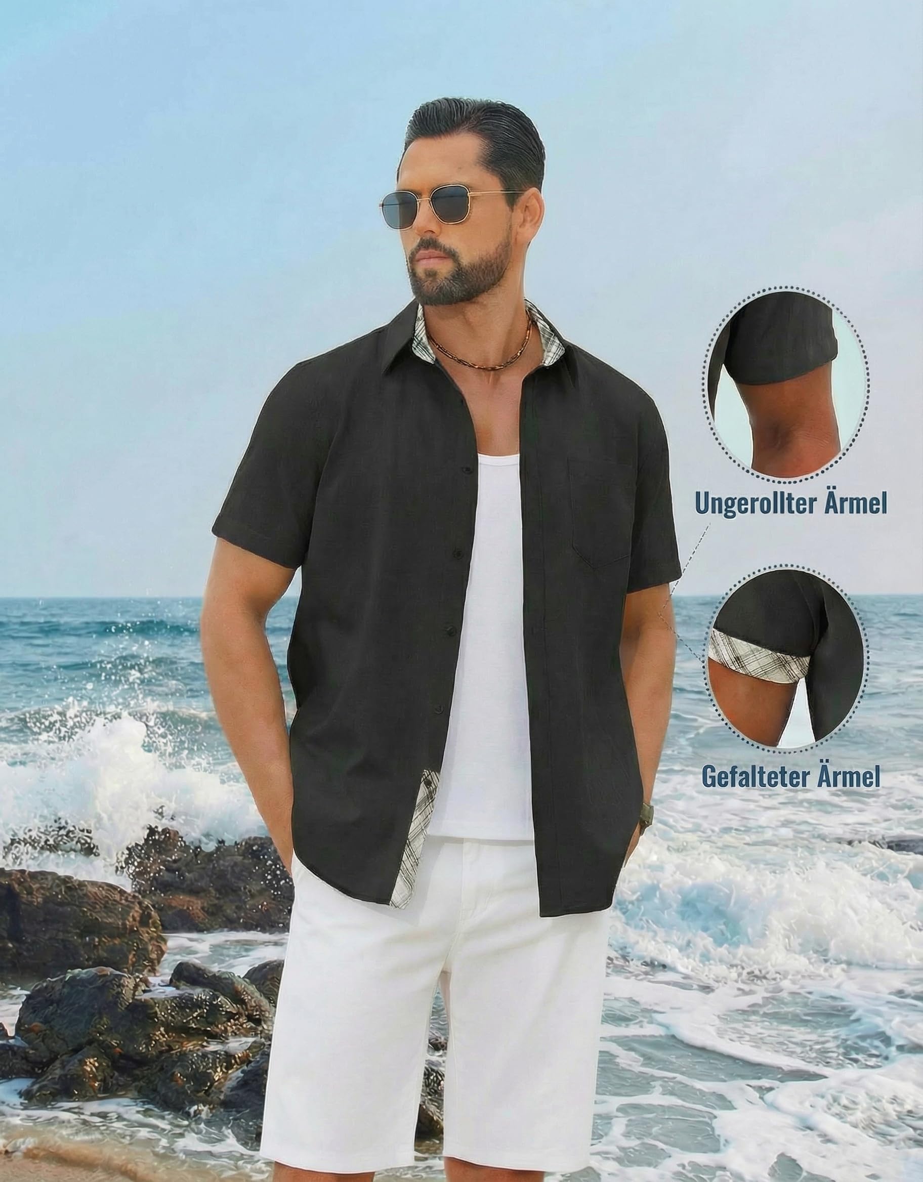 COOFANDY Camisa de Hombre de Manga Corta Camisa Casual de Algodón para Verano Camisas de Playa con Bolsillo en el Pecho