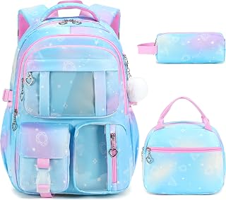 Girls Backpack for School with Lunch Bag & Pencil Case Set, 3PCS Cute Kids Bookbag for Girls Teens, Waterproof School Backpack for Elementary Middle High School Students Ages 3-18 Dreamy