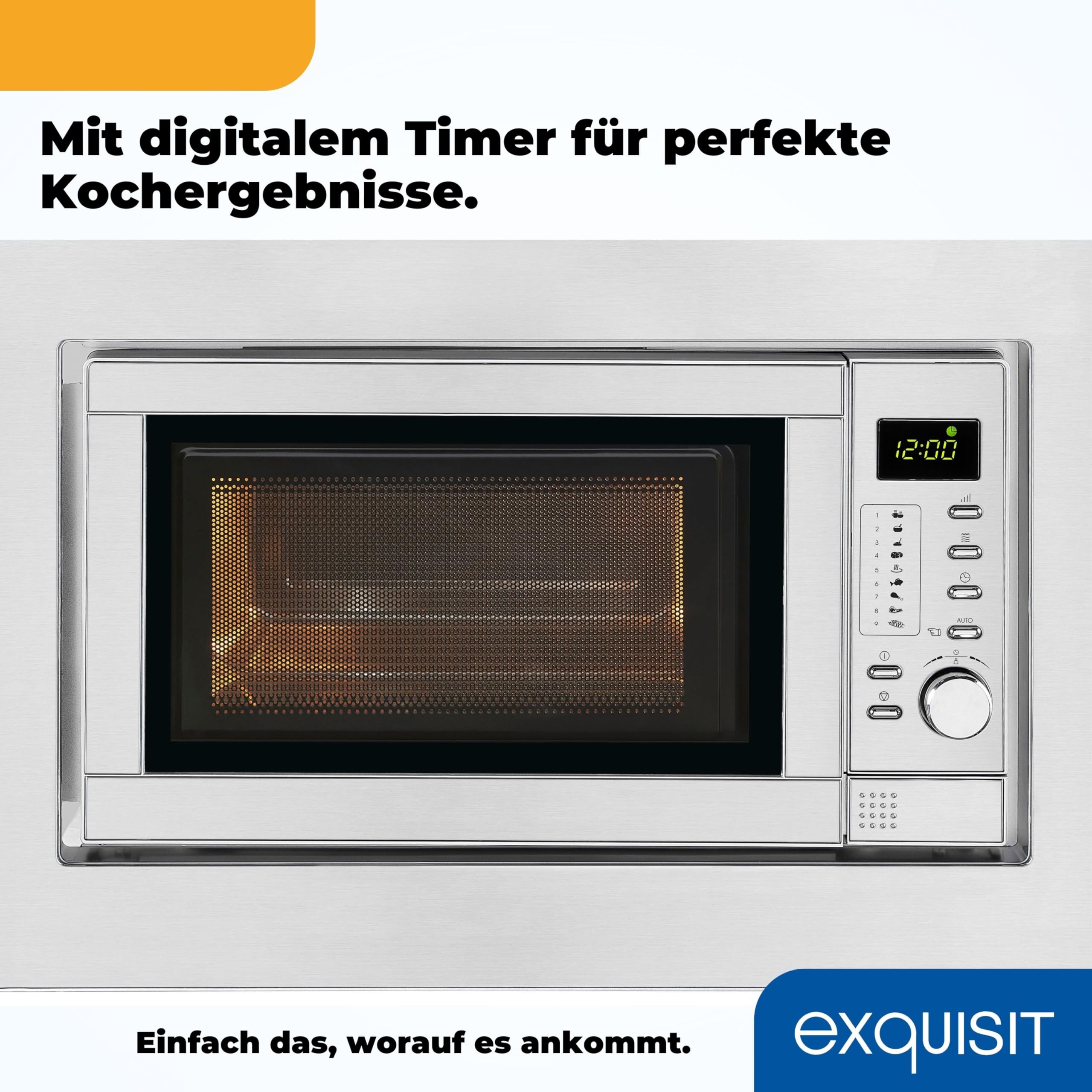 Exquisit Einbaumikrowelle mit Grill 900 W - 20 L, Silber/Edelstahl | 5 Leistungsstufen, Drehteller 24,5 cm, Einbaumaße B 59,5 x H 38,4 x T 33,5 cm, digitale Anzeige