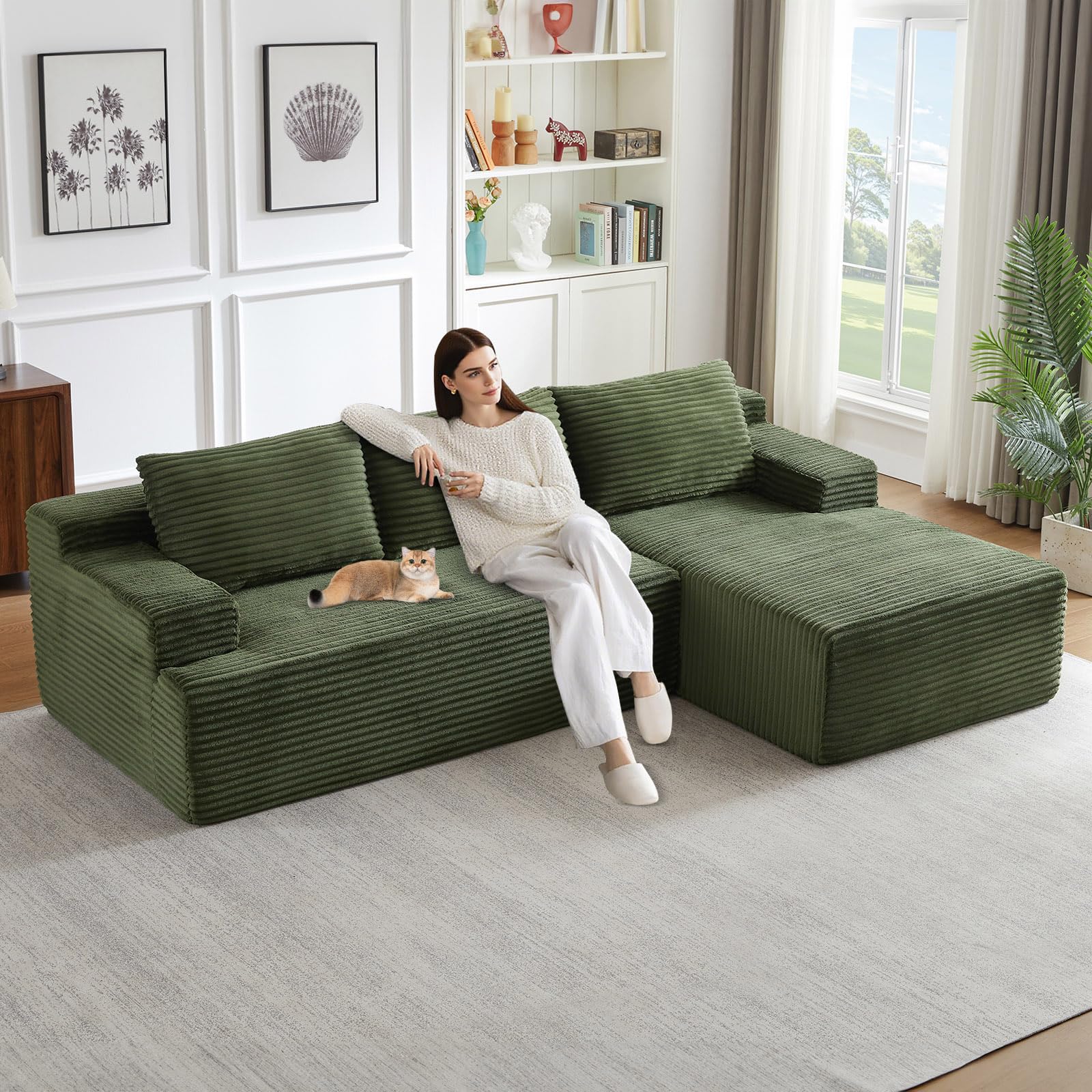 96" Modular Sectional Sofa, Modern Corduroy Cloud Couch, Boneless Couch Upholstered 3-Seater L-Shaped Sofa for Living Room, No Assembly Required (Green, Right-Facing Chaise)