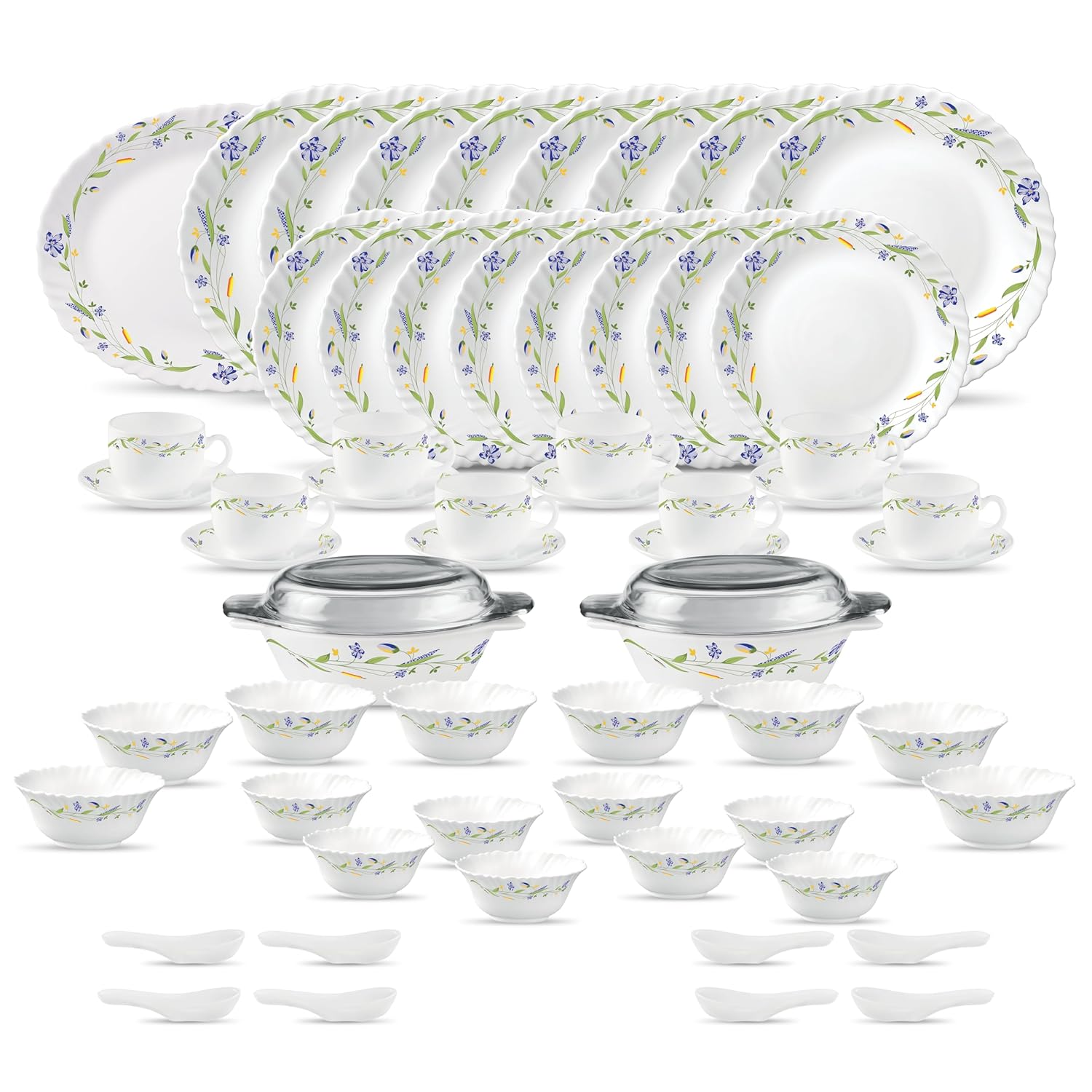 La Opala Diva Classique Collection Opal Glass Crockery | for Family of 8 | Dinner Set 61 pcs Morning Glory | Plates & Bowls for Dining | Microwave Safe | 100% Vegetarian | Extra Strong | White