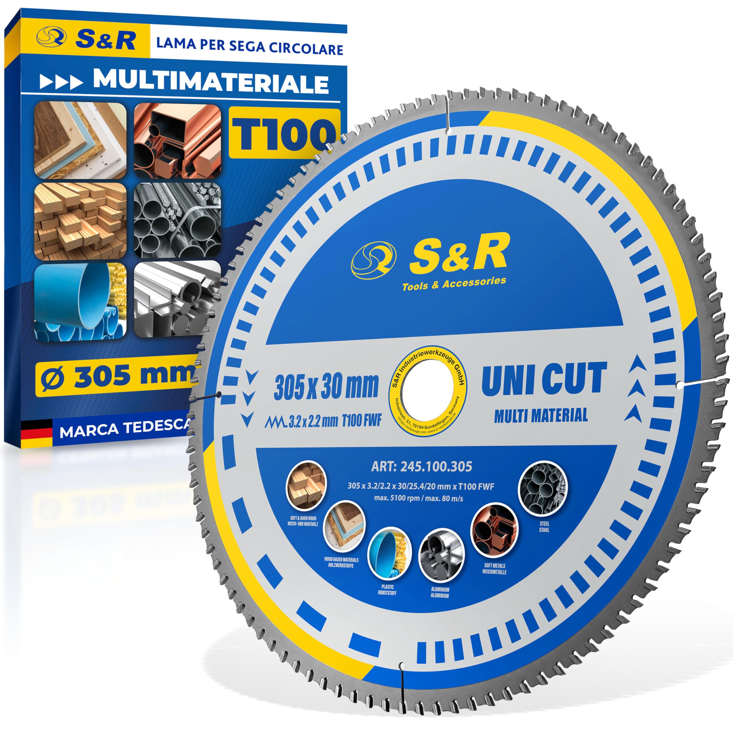 S&R Lama per Sega Circolare 305 x 30 mm 100 Denti FWF - Disco da Taglio per Metallo Alluminio Profili di Acciaio Legno - Lama Compatibile con Sega Circolare da Tavolo Bosch Makita Einhell Ryobi