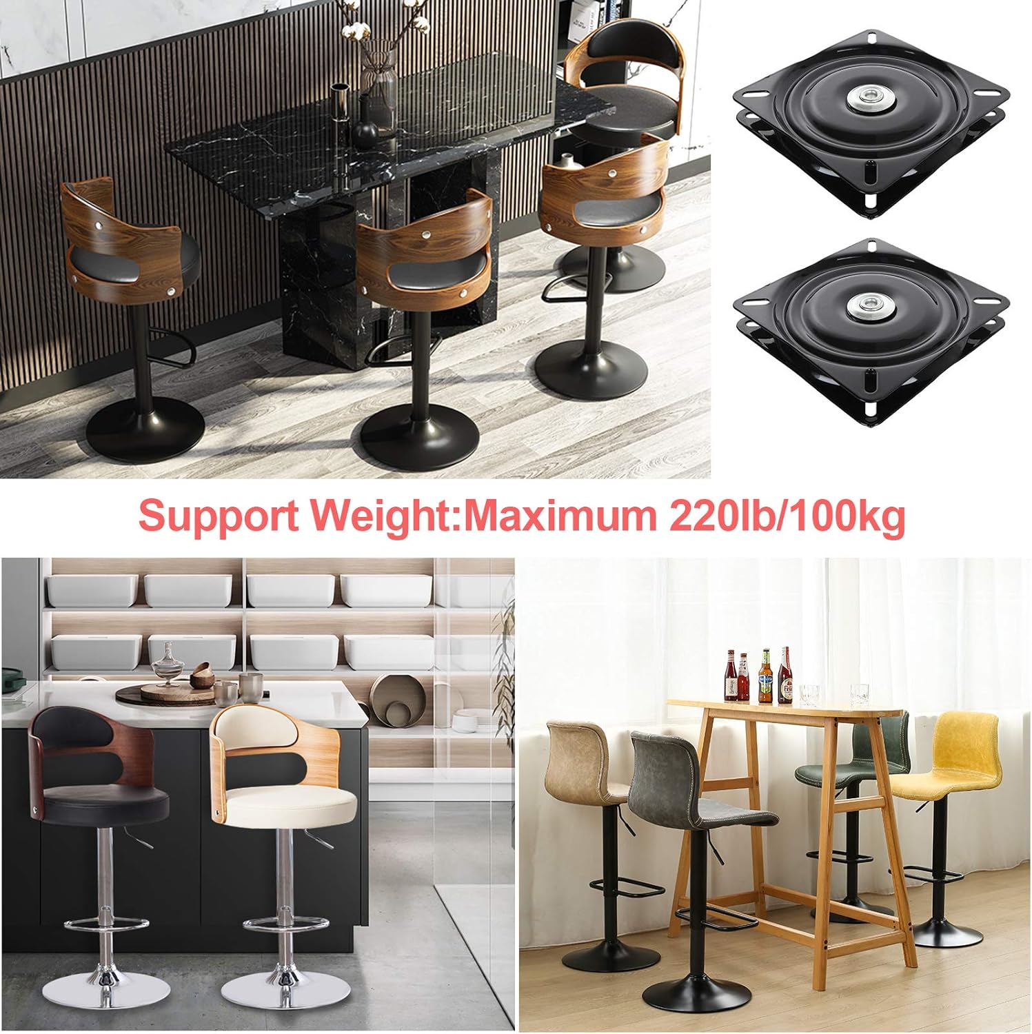 2 Pack 7 inch Bar Stool Swivel Plate 360° Swivel Replacement Seat Swivel Base Square Rotating Swivel Plate for Recliner Chair & Bar Stool with 220 Pound Capacity