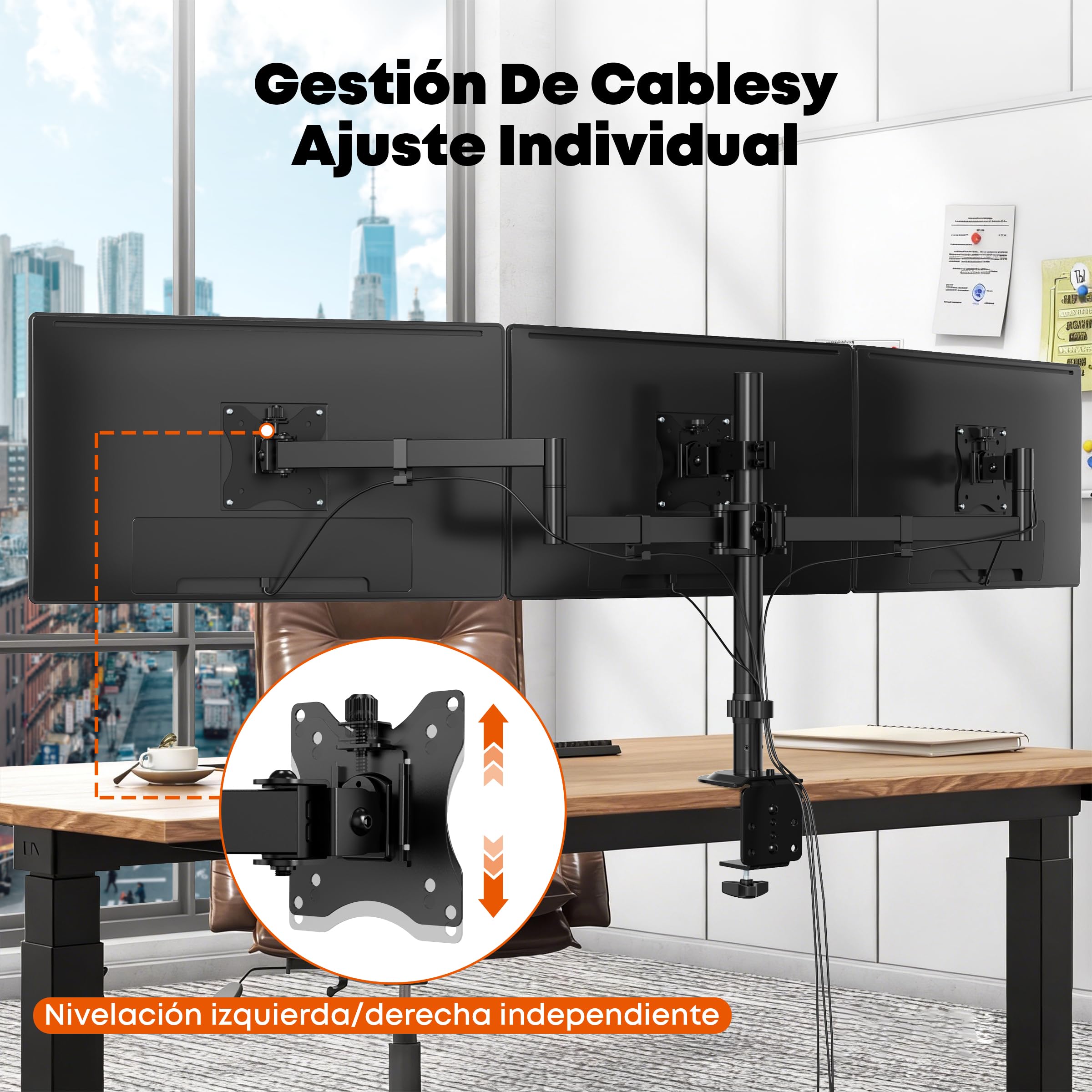 Soporte Triple para 3 Monitores 27" - Brazo Articulado con Fijación de Mesa, Carga Máx. 10kg por Brazo, VESA 75/100, Ajuste en Altura/Inclinación/Giro - Teletrabajo & Gaming