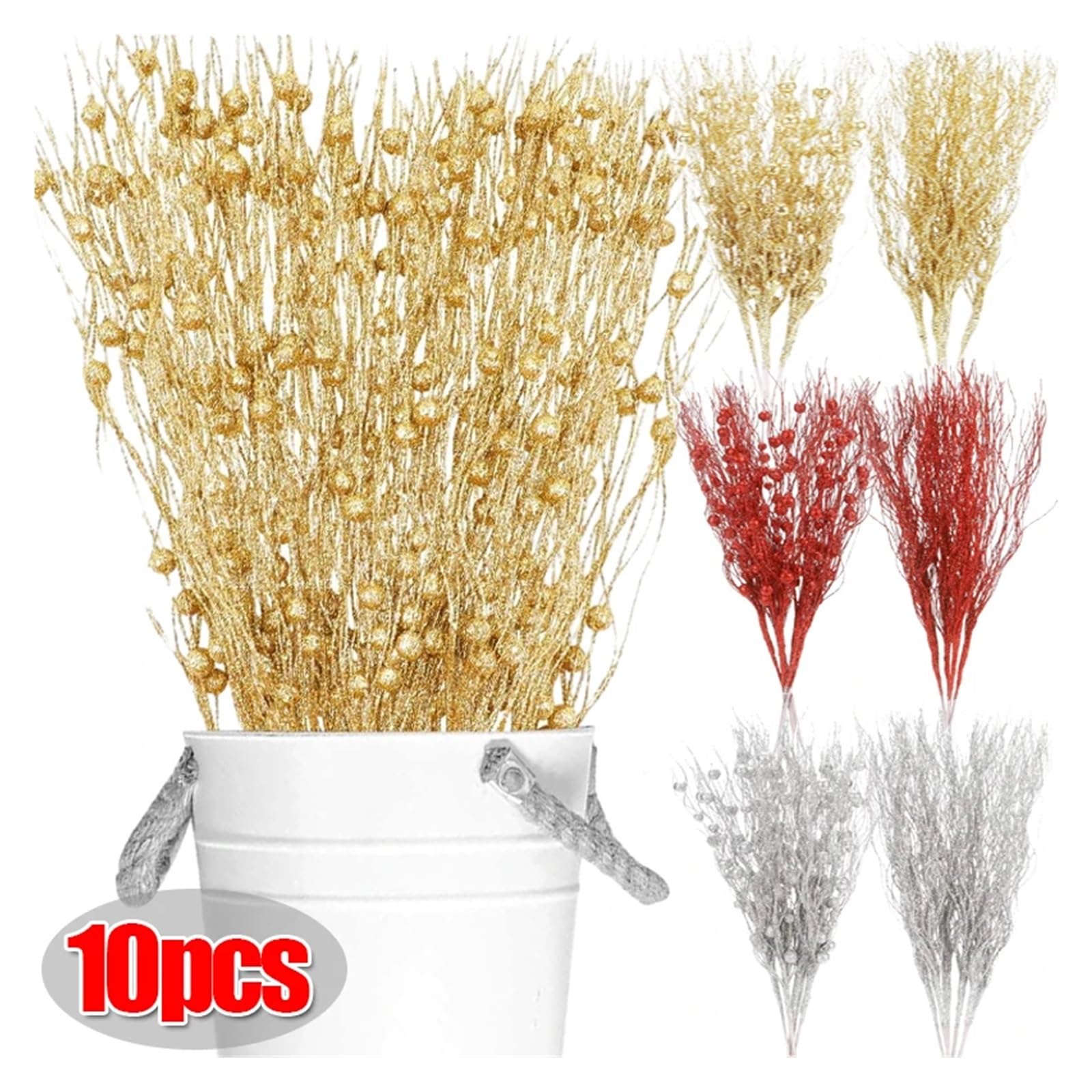 Ramo de ramas con bayas artificiales, Tallos de ramitas bayas artificiales con purpurina multicolor 43 cm 1-10 piezas(Red With Berry,10PCS)