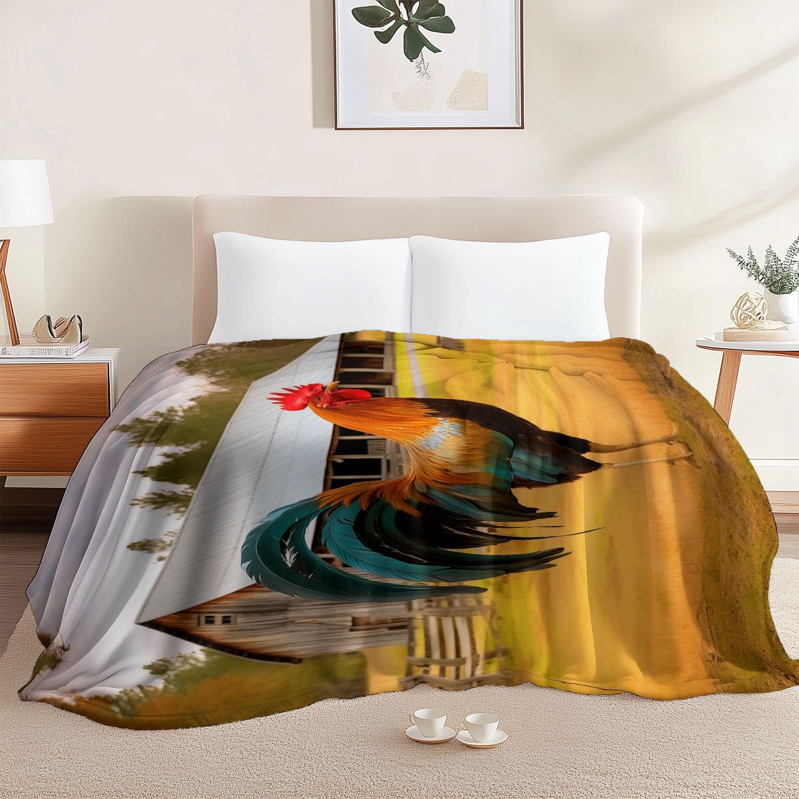 Koc polarowy 200 x 220 cm kogut farmski żółty flanelowy koc polarowy dla 2 osób, nadruk, miękki i ciepły na sofę łóżko