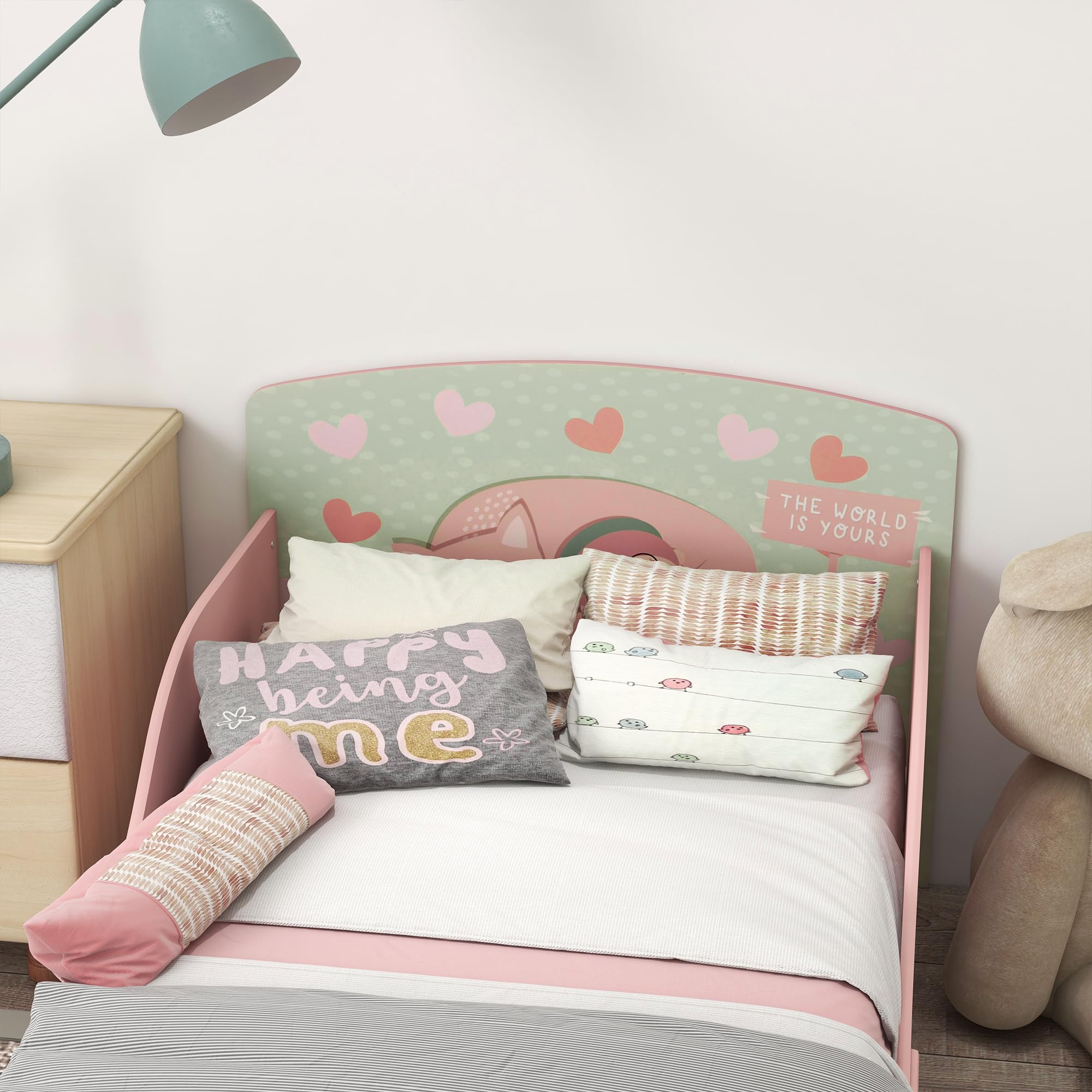 ZONEKIZ Letto per Bambini 3-6 Anni con Bordi Rialzati, Lettino per Bimbi 140x70 cm con Doghe e Fantasia con Animali, Rosa