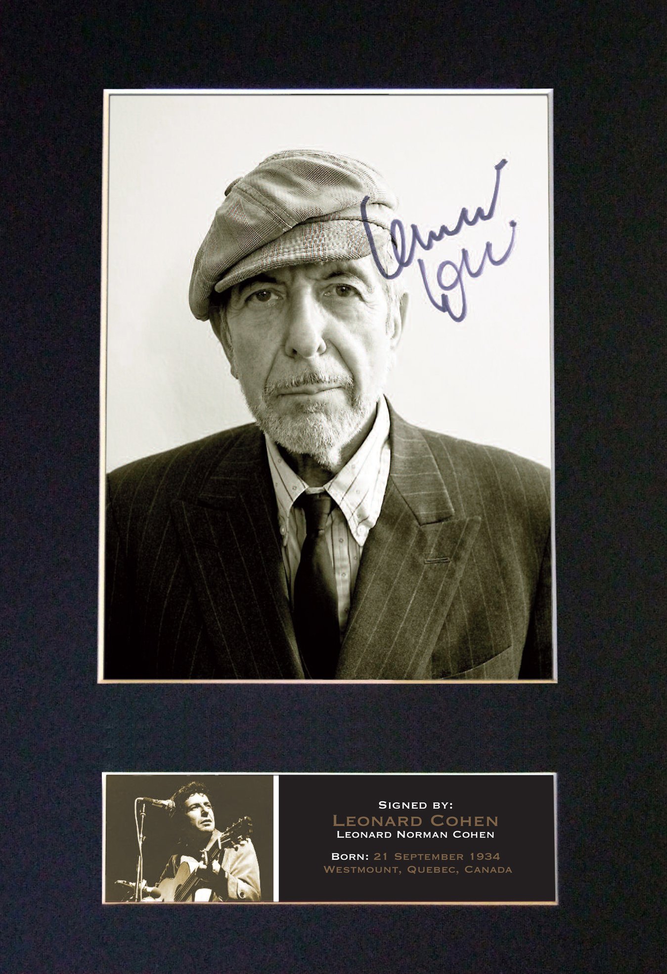 The Autograph Collector Gold,Black Leonard Cohen Signed Autograph Mounted Photo Reproduction Print A4 Rare (297 X 210Mm) #547 (Mount & Print (Not Framed))